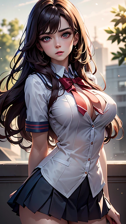 (2girls), Brown hair, Amazing face and eyes, Pink eyes, (hi-school uniform with wide open breasts:1.2), beautiful big breasts, bare breasts, (amazingly beautiful girl), Brown hair, (High School Uniform, Pleated mini-skirt:1.5), ((Best Quality)), (Ultra-detailed), (extremely detailed CG unified 8k wallpaper), Highly detailed, High-definition raw color photos, Professional Photography, (((Bokeh))), depth of fields,
