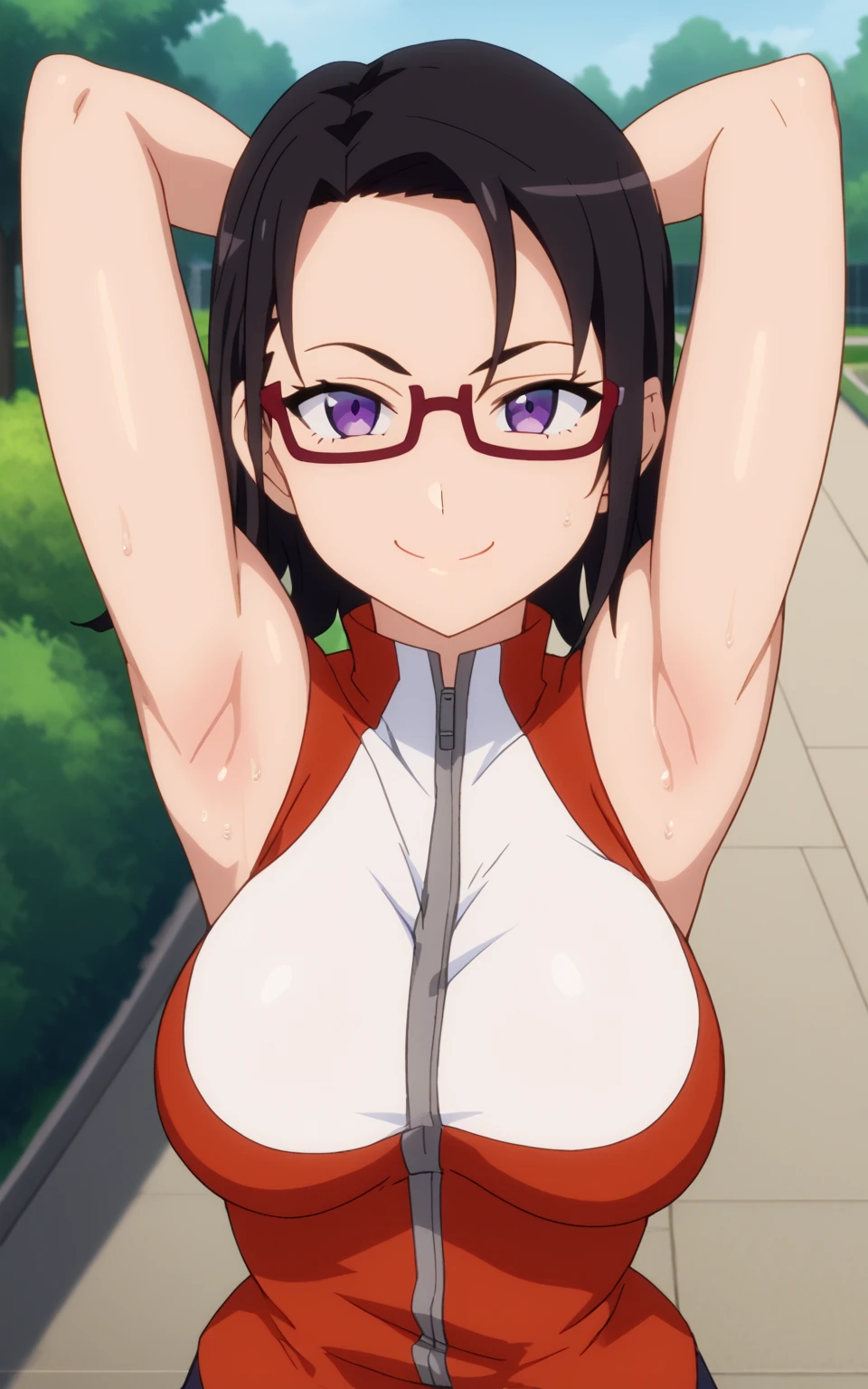 score_9, score_8_up, score_7_up, source_anime, anime screencap, 1girl, solo, satou sakie, medium hair, black hair, purple eyes, glasses, red jacket, sleeveless, large breasts,bare shoulders, bare arms, arms behind head, armpits, from above, looking at viewer, head towards viewer, smile, closed mouth, badhandv4, outdoors, day, park, sweaty 