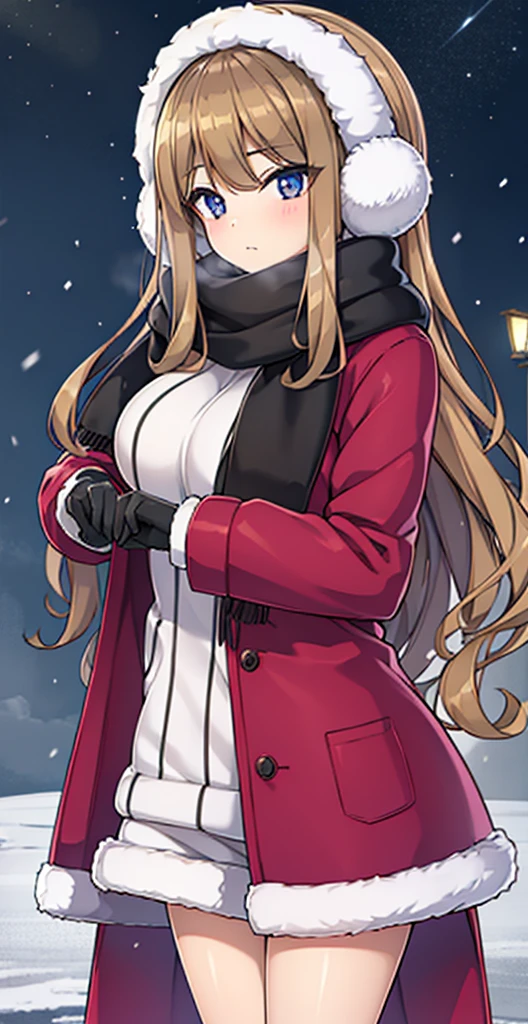 Clothes: Scarf wrapped around, thick fluffy sweater, fleece long skirt, fluffy earmuffs,gloves. Location: Standing on a hill illuminated by street lights,little snow falling.((Anatomically correct)).(Highest quality).(High resolution).Vivid colors.(One Person).