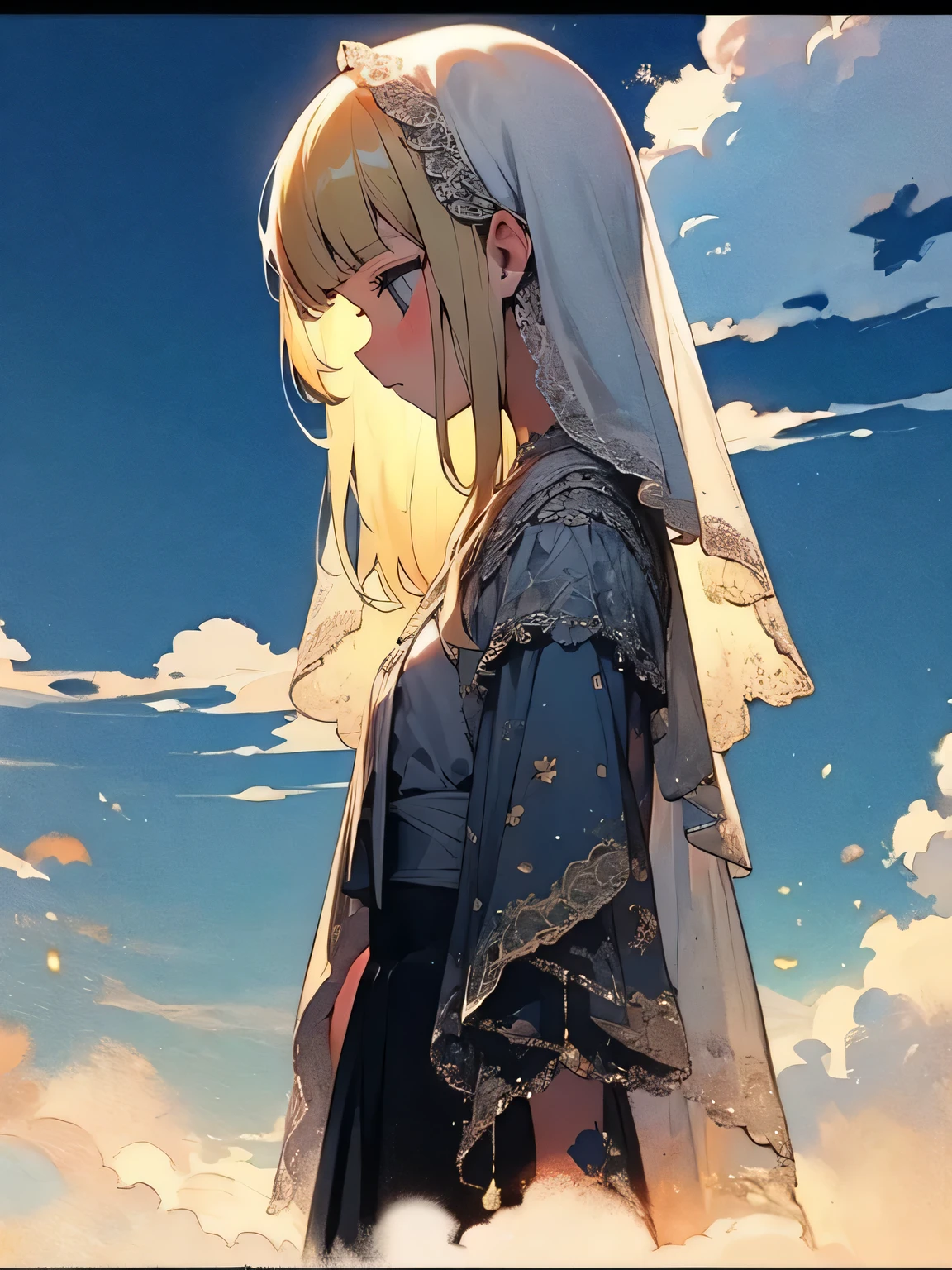 sideview, solo, aristocratic mourning dress, mourning skirt, blonde hair, blunt bangs, veil, funeral attire, praying at the grave marker, rest in peace, praying for the dead, blue sky, clouds, beautiful profile,,like a painting, watercolor painting style, The Art of Mathematics, Official Art, Masterpiece, beautiful, ((watercolor)), paint splashes , complex details. very detailed, [Drooping:0.7],