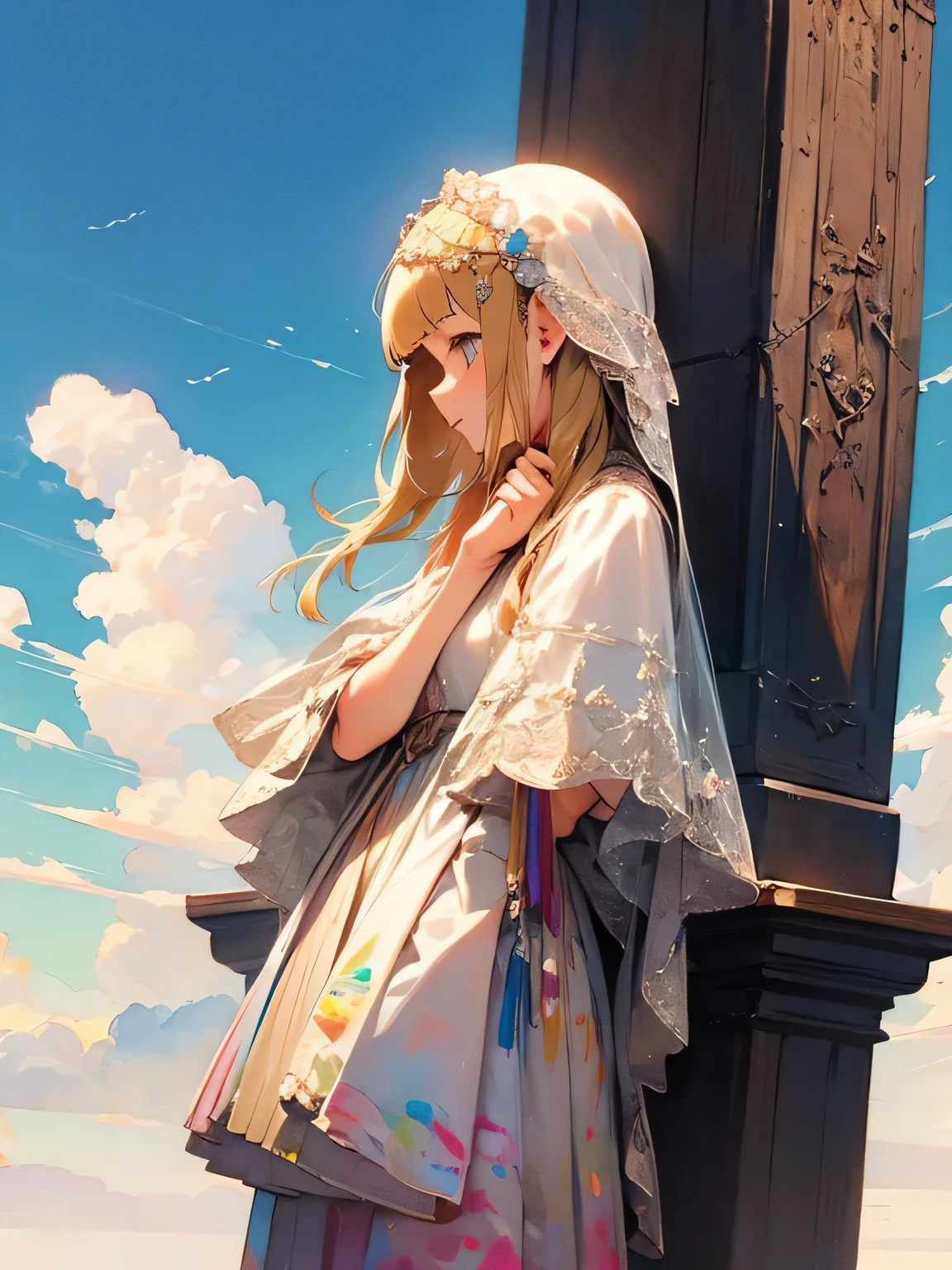 sideview, solo, aristocratic mourning dress, mourning skirt, blonde hair, blunt bangs, veil, funeral attire, praying at the grave marker, rest in peace, praying for the dead, blue sky, clouds, beautiful profile,,like a painting, watercolor painting style, The Art of Mathematics, Official Art, Masterpiece, beautiful, ((watercolor)), paint splashes , complex details. very detailed, [Drooping:0.7],