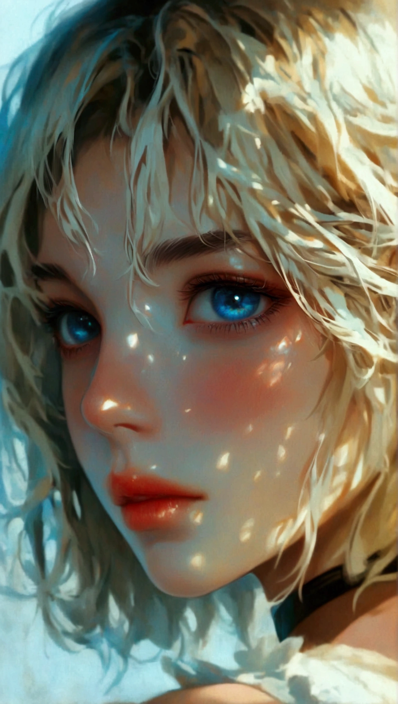 Nancy Momoland, full body, oily wet body, white paint on face, beautiful woman, staring at camera in front, intense coloration fantasy, a stunning realistic photograph, blonde hair, random color beautiful eyes, full body, cover, octane render, complex, 8k resolution concept art portrait , fractal isometrics details , hyper realistic cover photo, hand drawn, bright, gritty, realistic, 8k, high definition , cinematic, real life human