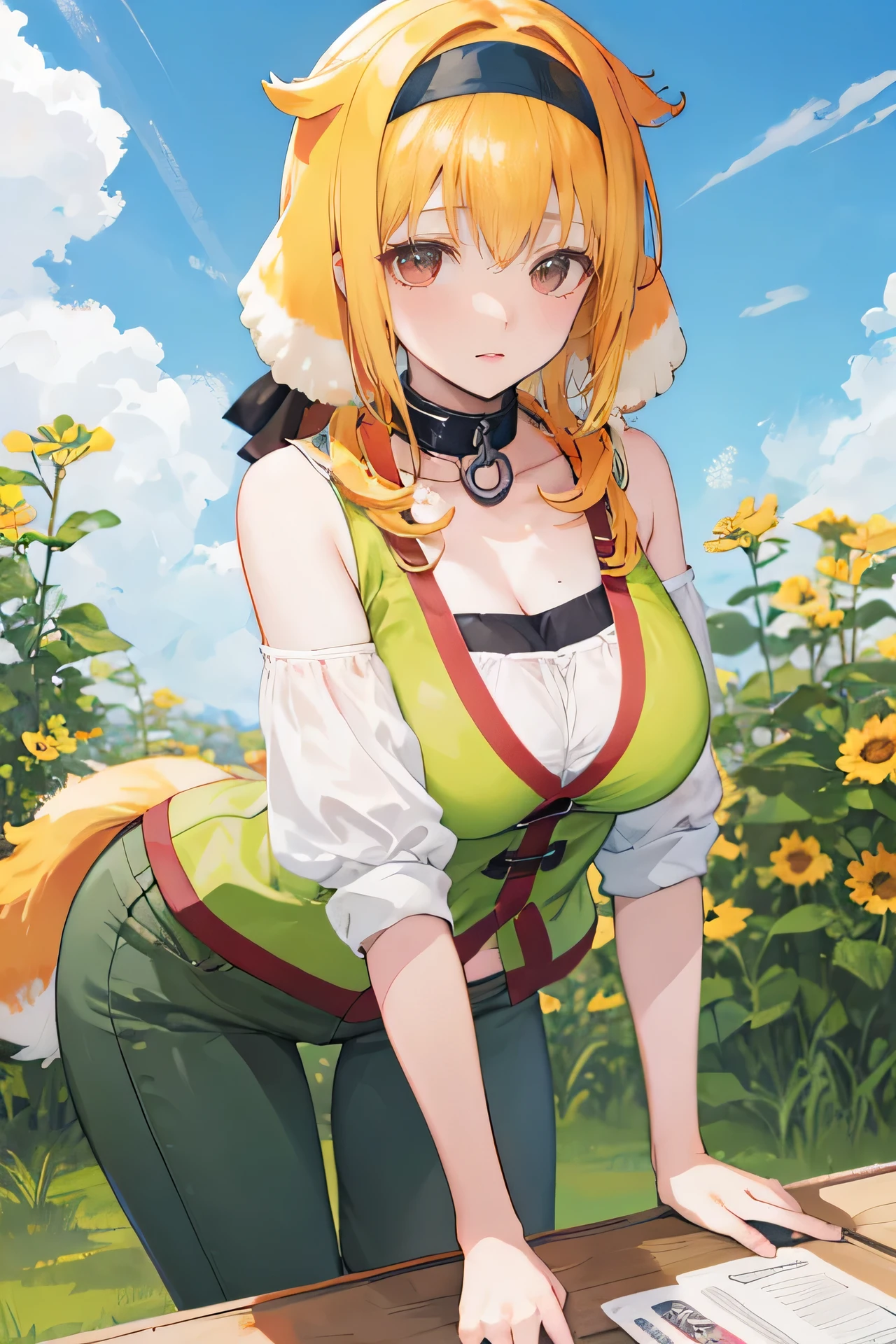 masterpiece, best quality, roxanne, dog ears, black hairband, [[[green hairband]]], collar, off-shoulder shirt, cleavage, (green vest), green pants, large breasts, standing, hand_on_railing, looking back, (((dog tail))) [[above butt]], smiling, forest, skyline, (((village))), (wooden_house), wooden_railing, [[[night_sky]]], BREAK ((((solar_eclipse))))