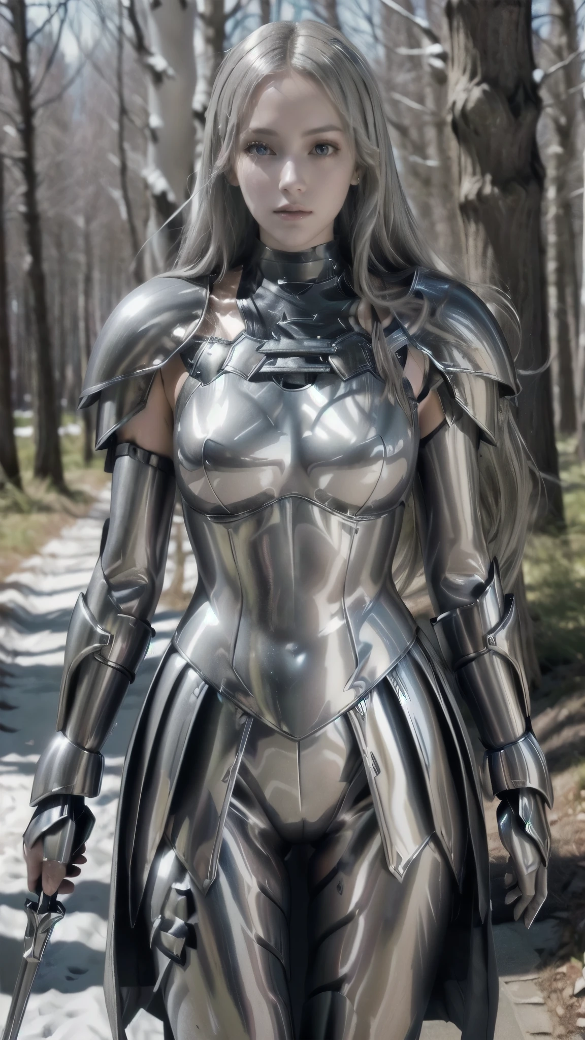  There is a woman in a silver costume standing on a bed,   Women's rider bikini armor  , skintight  silver armor, with sleek  silver armor,   dressed in ethereal battle armor  , covered in full  silver armor,  in knight armor , Dressed in Light Armor , angel in plastic armor, Beautiful armor, pale black armor,  silver armor, sleek  silver armor, wearing witch blade armor, Anime Claymore, light gray eyes body armor , Persephone,  forest bottom , Teresa Claymore 