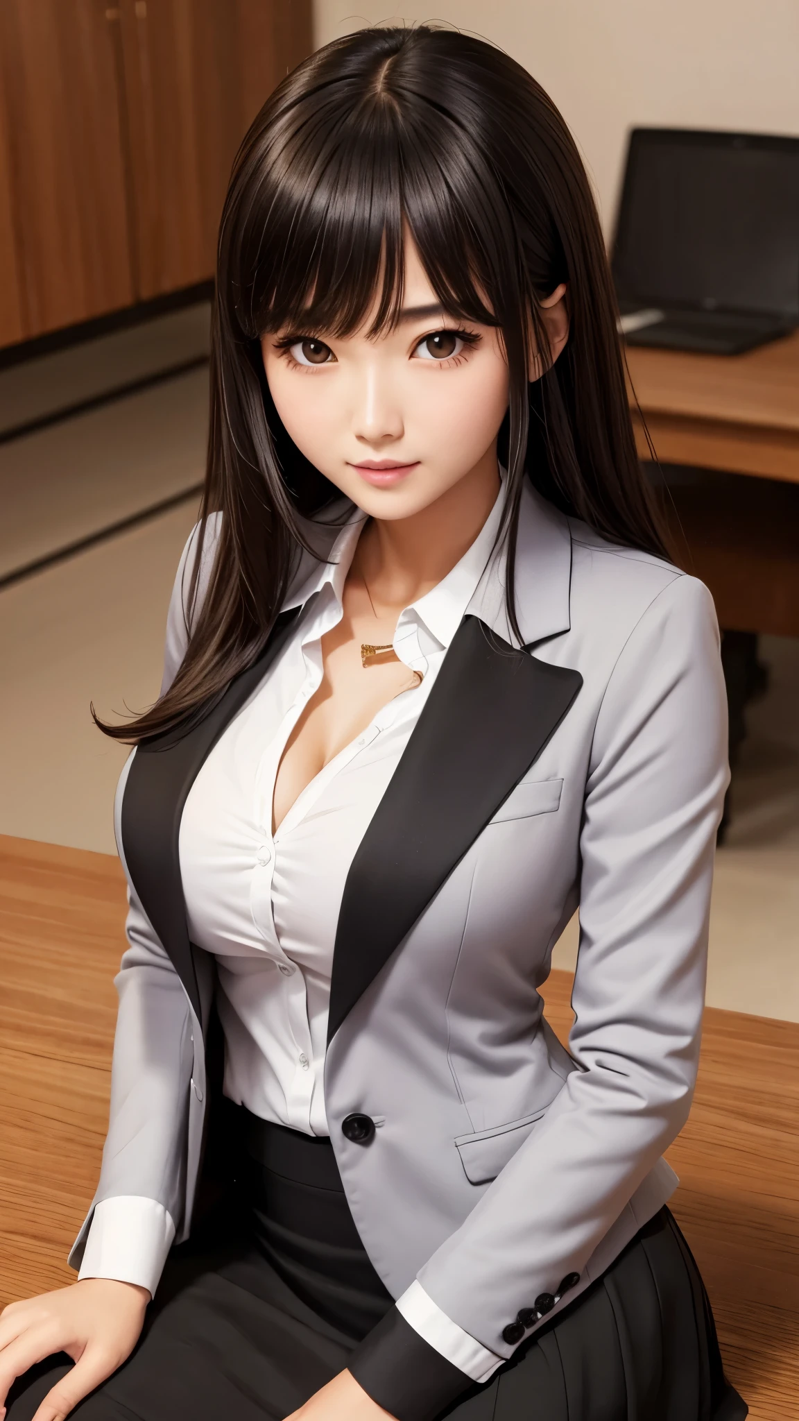 ((high quality)), ((table top)), (detailed face), (highlight), female、Big breasts、blunt bangs、black hair、skirt、blazer