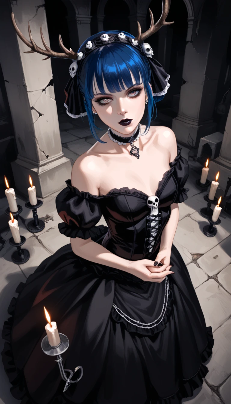  score_9,  score_8_above,  score_7_above,  score_6_above,  score_5_above,  score_4_above, goth girl ,  elegant Victorian dress,  choker , antlers,  Blue hair with bangs, Ojos rojos, pale skin,  small breasts , Naturaleza, (exceptional composition ), (Dark tones), skulls around , candles, (ruins background ), penumbra