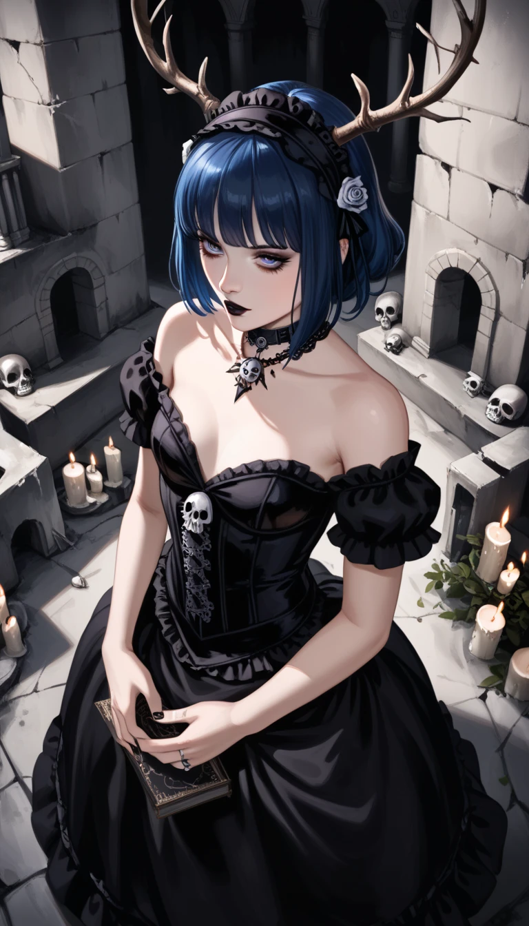  score_9,  score_8_above,  score_7_above,  score_6_above,  score_5_above,  score_4_above, goth girl ,  elegant Victorian dress,  choker , antlers,  Blue hair with bangs, Ojos rojos, pale skin,  small breasts , Naturaleza, (exceptional composition ), (Dark tones), skulls around , candles, (ruins background ), penumbra