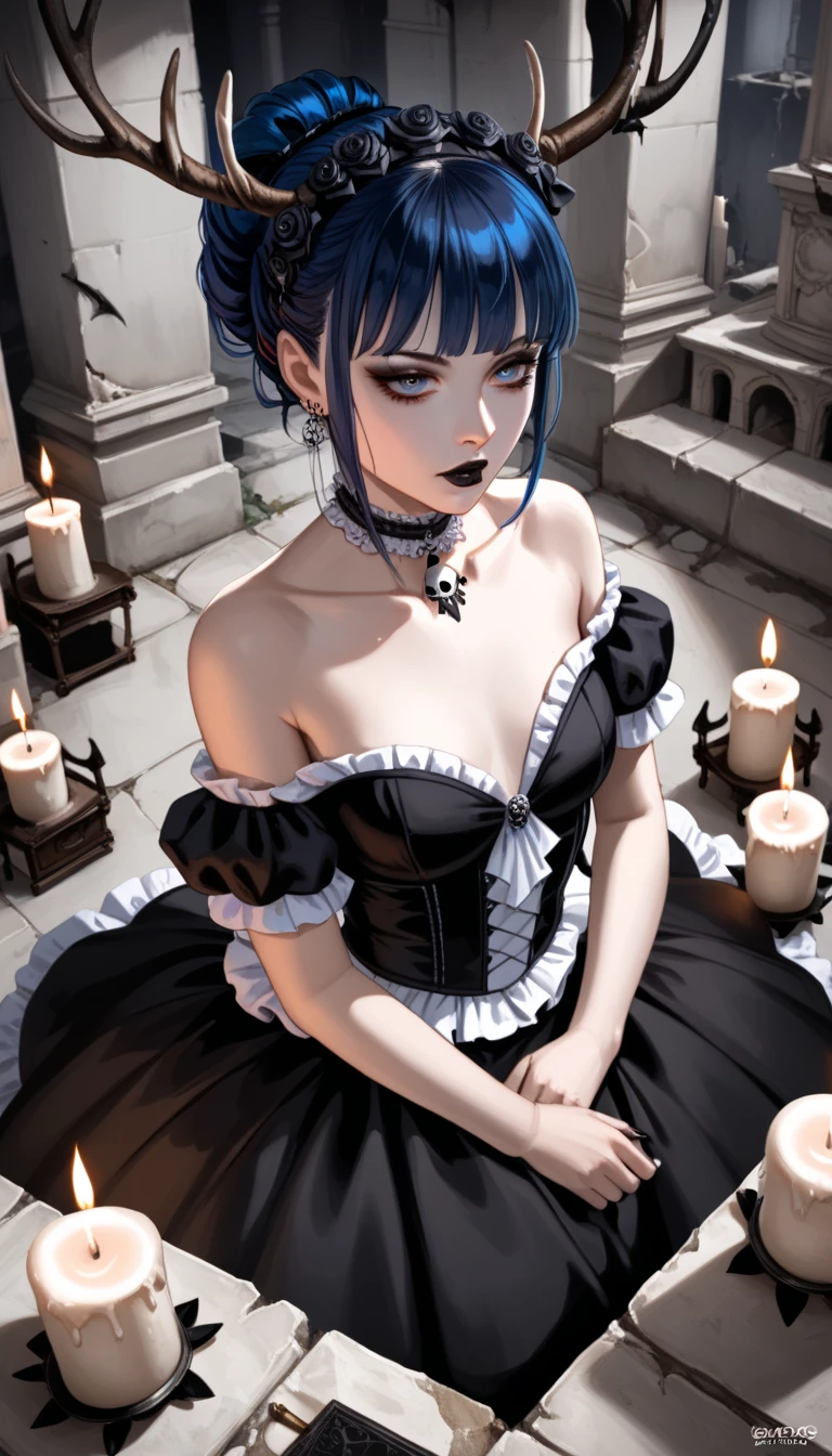  score_9,  score_8_above,  score_7_above,  score_6_above,  score_5_above,  score_4_above, goth girl ,  elegant Victorian dress,  choker , antlers,  Blue hair with bangs, Ojos rojos, pale skin,  small breasts , Naturaleza, (exceptional composition ), (Dark tones), skulls around , candles, (ruins background ), penumbra