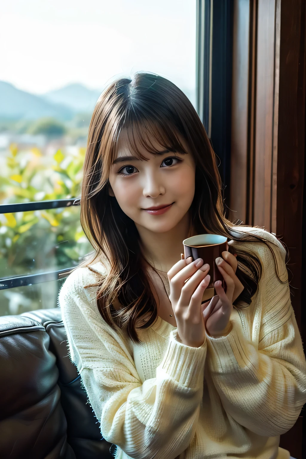 medium shot shot, Beautiful Japanese woman looking at the camera, In a café in New York, brown hair,spring