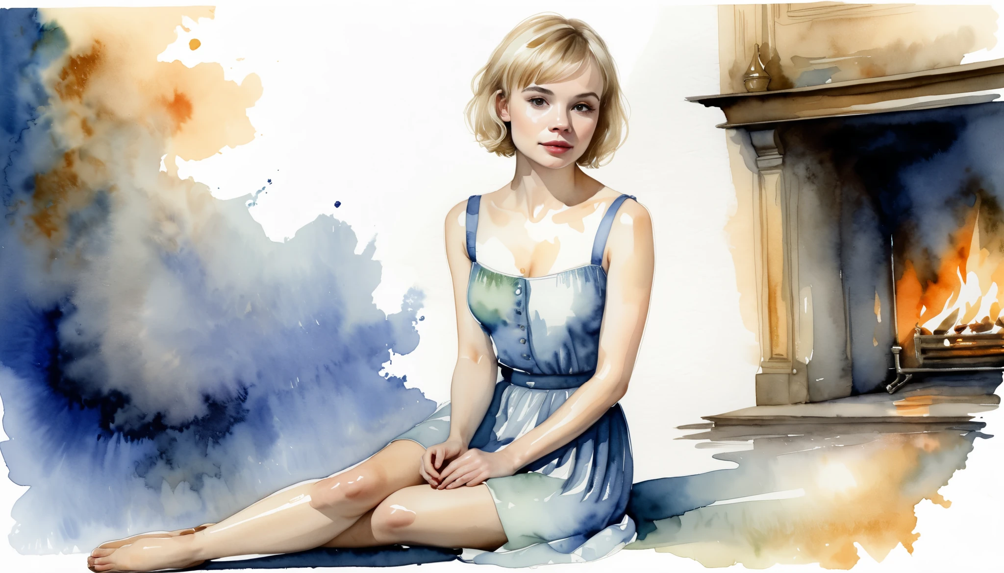 Carey Hannah Mulligan, illustration made with watercolor, rembrandt style. blonde short hair. upper body, large breast, sitting on the ground next to the fireplace. short dress.