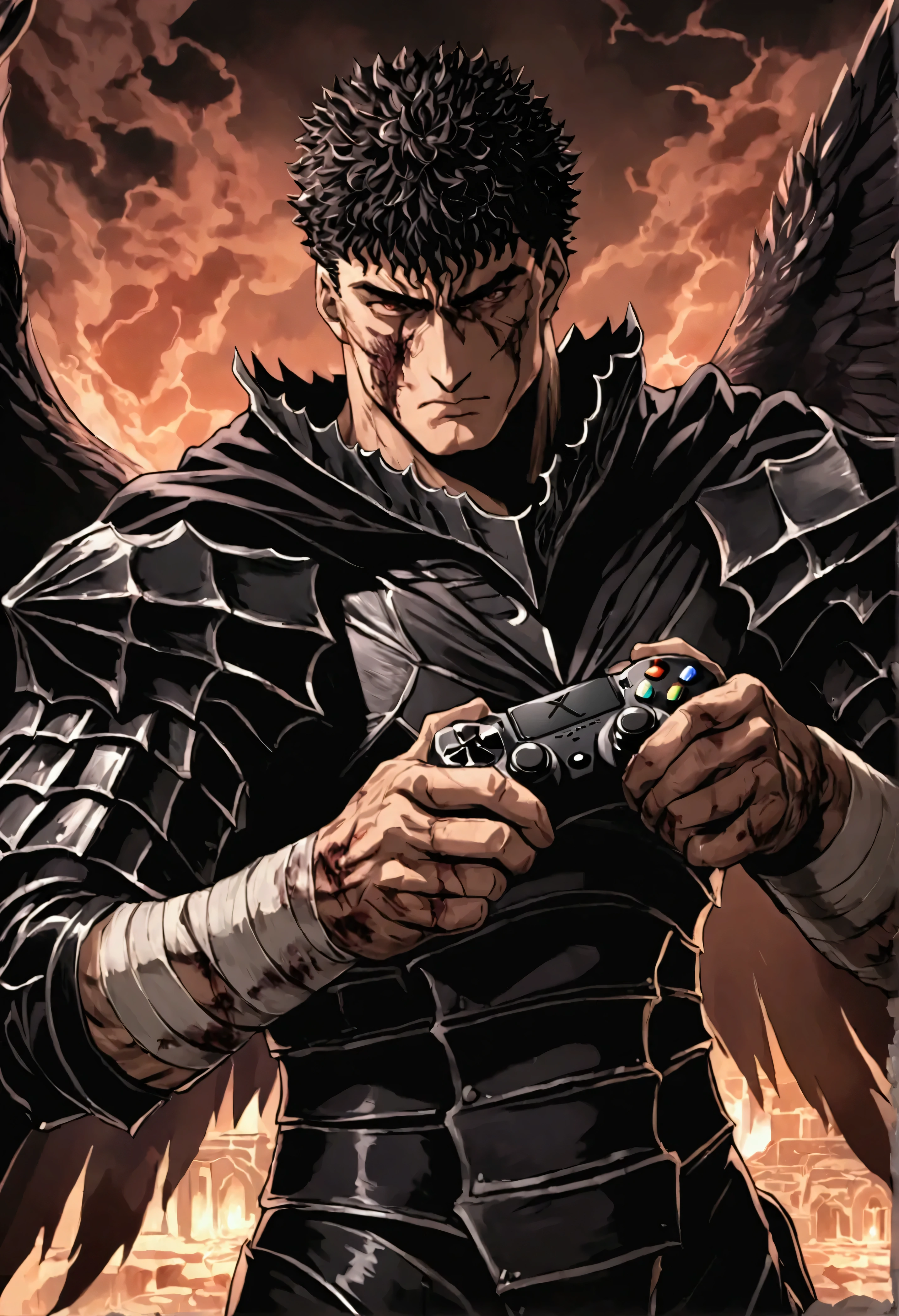 Dark Angel Wings，a muscular man in black armor with bandages, holding a game controller, facing the viewer, with manly features, scars and wounds, smooth skin, sharp focus, illustration，guts \(berserk\) 