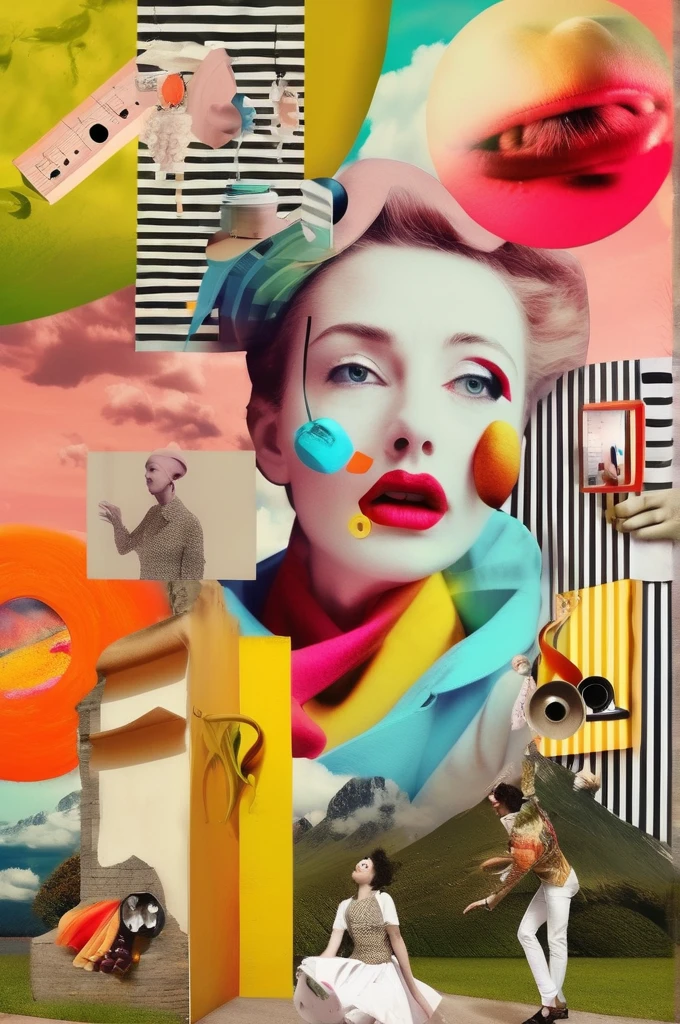 Surrealistic collage. Create a bright and inspiring image ,  that combines different art forms : Painting, music , dance,  letter , photography and cooking .  The image will convey an atmosphere of self-expression and emotional depth,  with an emphasis on ,  colors and textures that reflect different feelings .