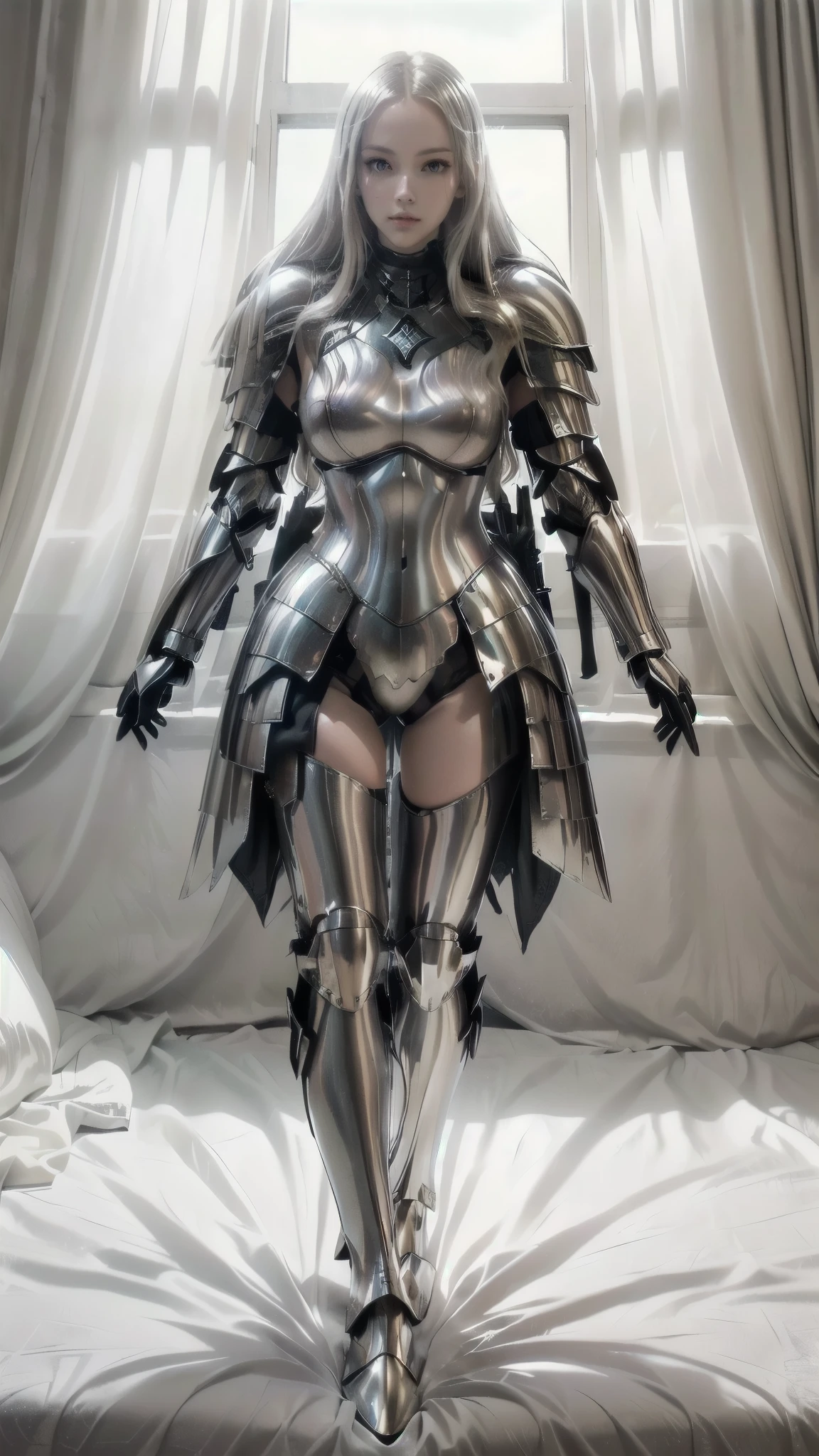  There is a woman in a silver costume standing on a bed,   Women's rider bikini armor  , skintight  silver armor, with sleek  silver armor,   dressed in ethereal battle armor  , covered in full  silver armor,  in knight armor , Dressed in Light Armor , angel in plastic armor, Beautiful armor, pale black armor,  silver armor, sleek  silver armor, wearing witch blade armor, Anime Claymore, light gray eyes body armor , Persephone,  forest bottom  