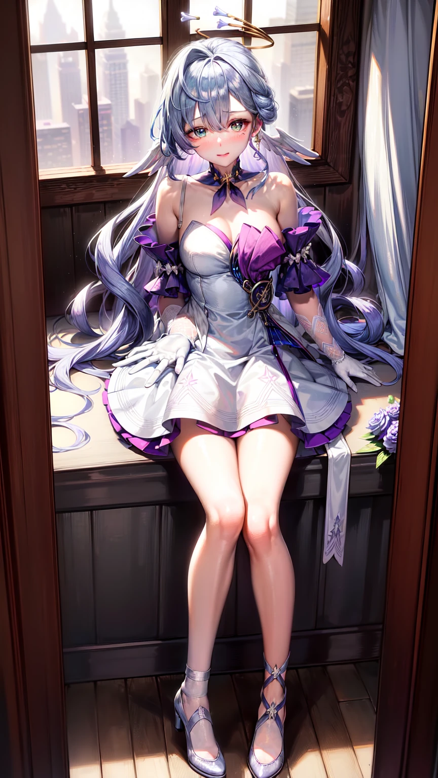 Blue long hair, using long socks,left eyes blue,right eyes purple, having a light blue glowing hallow at head with a crystal design, look foward, closing mouth, smile,innocent and cute face,dressed in aristocratic clothes, Royal clothe design,teenage body, HD painting, midnight sky background full of star, HD detail, anime graphics HD,soft girl