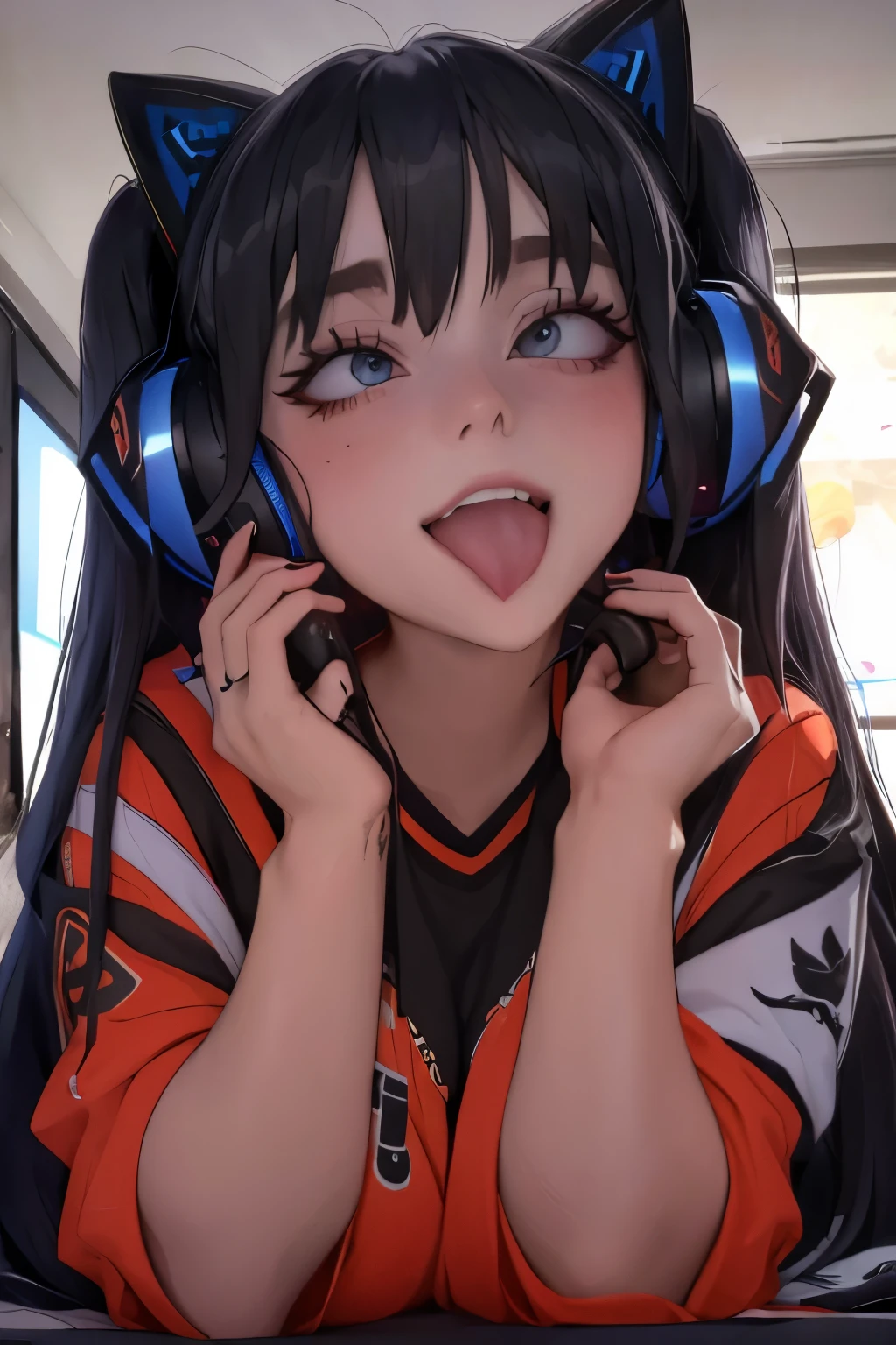 girl. streamer.  captivating . Set up gamer .  Gamer headphones . gamer keyboard. comfortable clothes. make-up. Tender smile. Dyed hair. Aheghao. dark long hair.