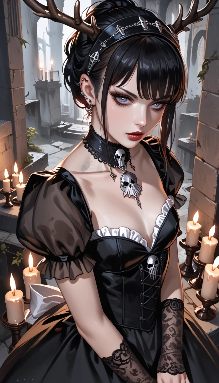  score_9,  score_8_above,  score_7_above,  score_6_above,  score_5_above,  score_4_above, goth girl ,  elegant Victorian dress,  choker , antlers,  black hair with bangs , Ojos rojos, pale skin,  small breasts , Naturaleza, (exceptional composition ), (Dark tones), skulls around , candles, (ruins background ), penumbra