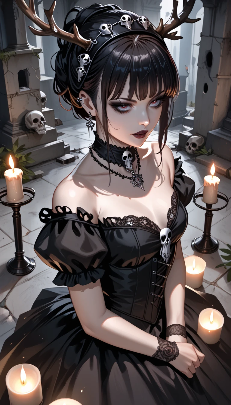  score_9,  score_8_above,  score_7_above,  score_6_above,  score_5_above,  score_4_above, goth girl ,  elegant Victorian dress,  choker , antlers,  black hair with bangs , Ojos rojos, pale skin,  small breasts , Naturaleza, (exceptional composition ), (Dark tones), skulls around , candles, (ruins background ), penumbra