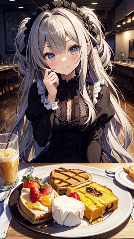 (( striped hair,  messy hair , Big Hair)), ((Expressive hair)), Lolita Hairband,  Cinematic Lights  ,  super high resolution, (((  masterpieces during breakfast , textured skin))), ( super detailed),   high detail ,  High Quality , ((最 High Quality )), 16k,   Gothic Lolita Costumes, Upward-facing eyes, cute girl, Ruffled dress, in the cafe,  smiles, 