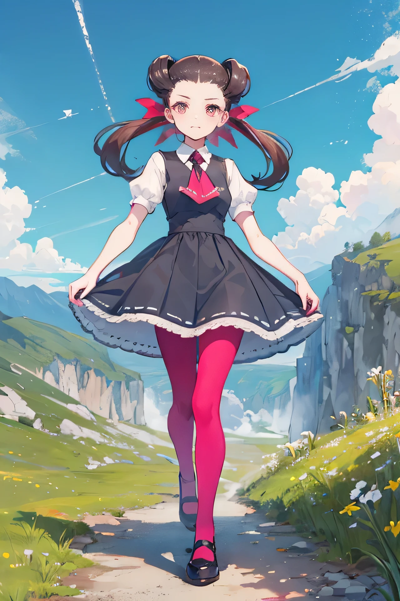 masterpiece, best quality, roxanne, twintails, hair ribbon, ascot, grey dress, white shirt, short sleeves, pink pantyhose, shoes, walking up a mountain, blue sky 