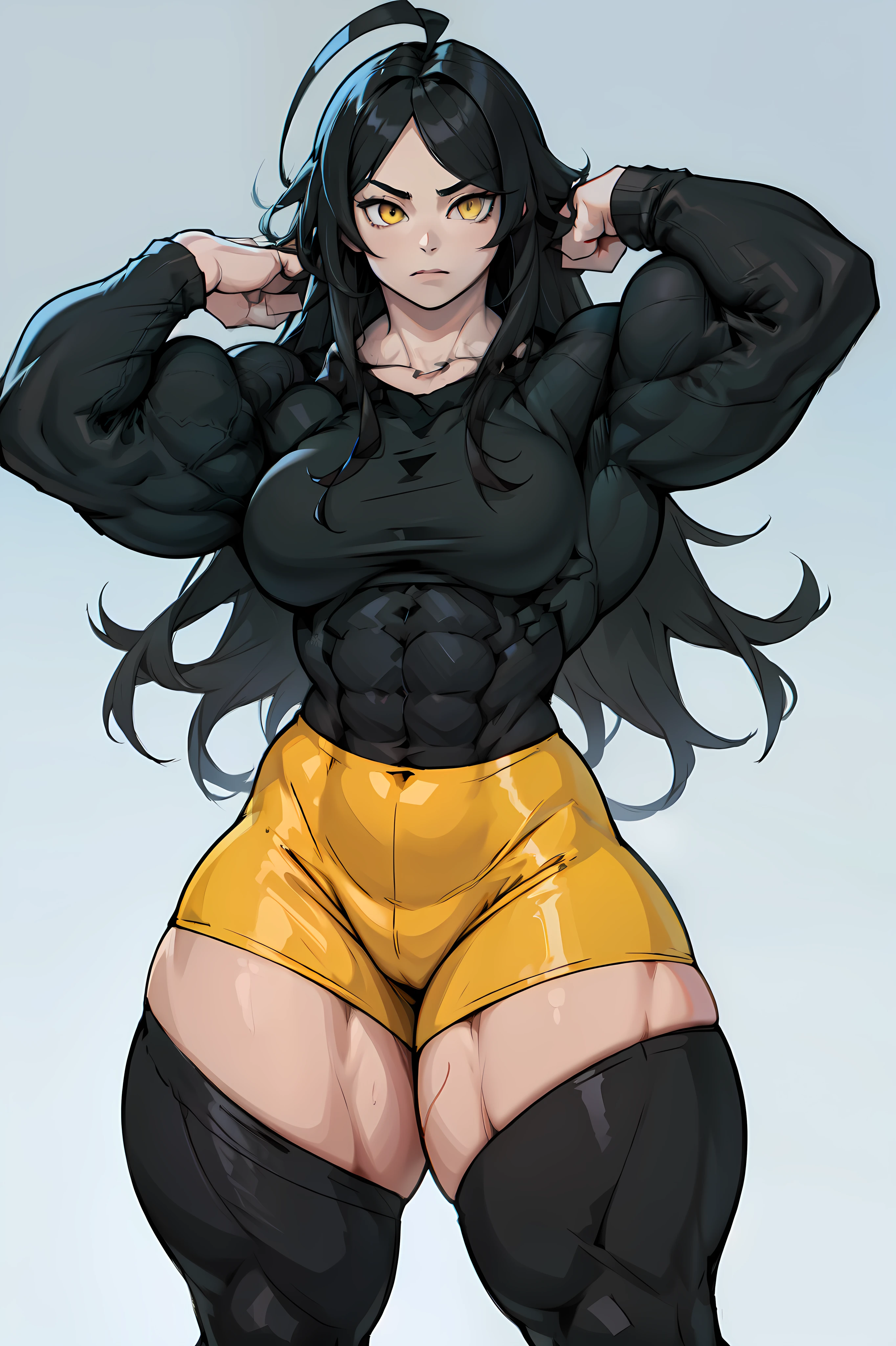 1girl (((muscular))) toned body large breasts thick thighs wide hips curvy black hair yellow eyes very long hair pale skin voluptuous angry blush leggings tight shirt long sleeve