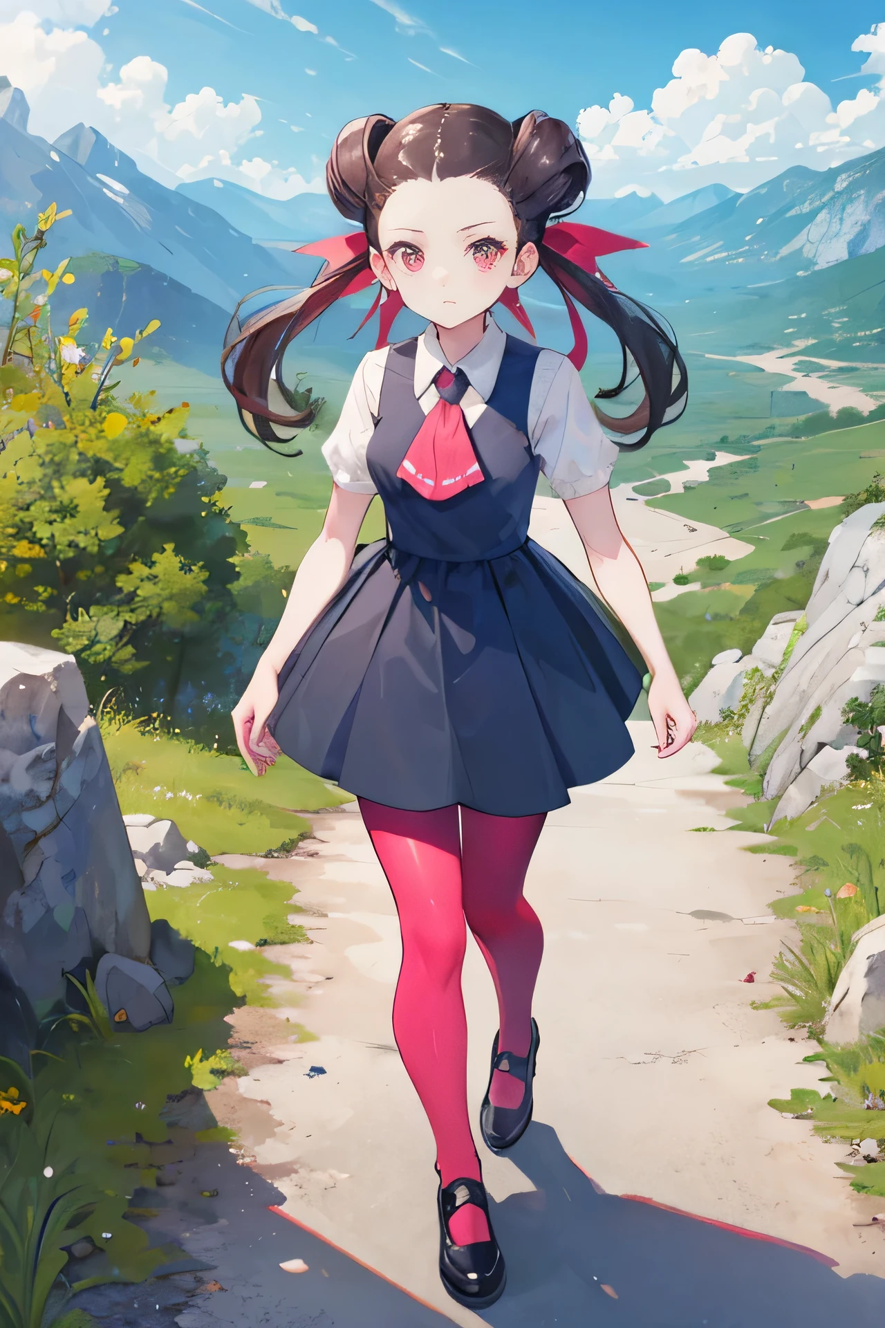 masterpiece, best quality, roxanne, twintails, hair ribbon, ascot, grey dress, white shirt, short sleeves, pink pantyhose, shoes, walking up a mountain, blue sky 