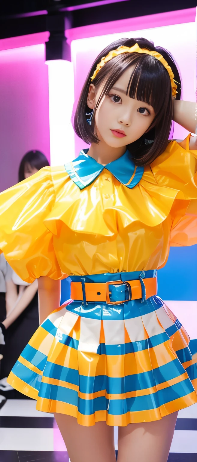 Pure idol girl（ shiny hair）、、Thick legs、striped latex dress（ fluorescent yellow and light blue and orange）、Wonder Belt、、Fancy ruffle shirt 、、Good style、A pure girl&#39;s face