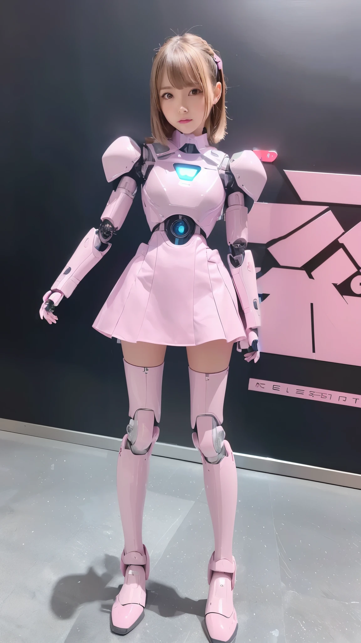 Robot Girl, pink, Silver, Metallic body, Robot Parts, Metal Parts, Super Detailed Face, Super well-formed face, of the highest quality, a small face, a small head, Brown hair, Slender body, Camera gaze, Internal Mechanical Exposure, Idol, front facing, Well-proportioned body, sale, Exhibited, Event Hall, Moe Pose, pink metallic Lolita dress machine armor, Standing with legs open, Model body type, sad, Embarrassing,(Perfect Robot Girl),(Perfect machine body)