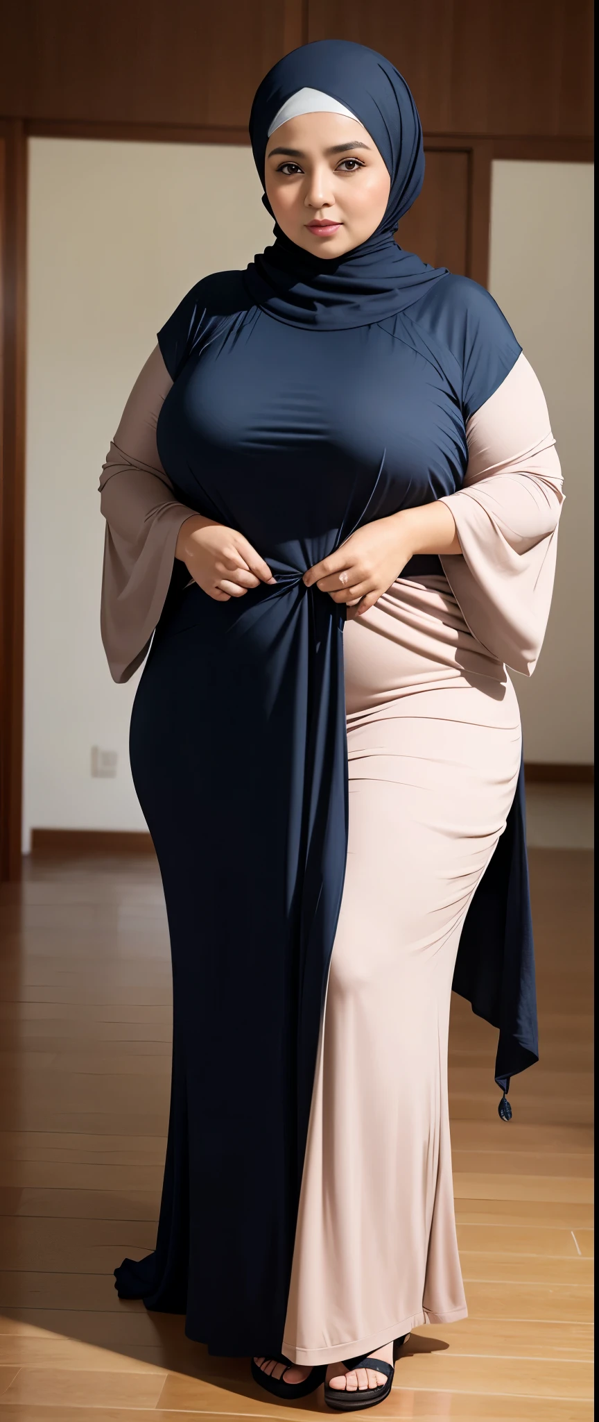 Chubby woman with fat belly and tight thighs, full body, 50-year-old mature woman, thick hips, thick neck, thick chest, big eyes, wearing a longest dress, wearing a hijab, hijabi woman