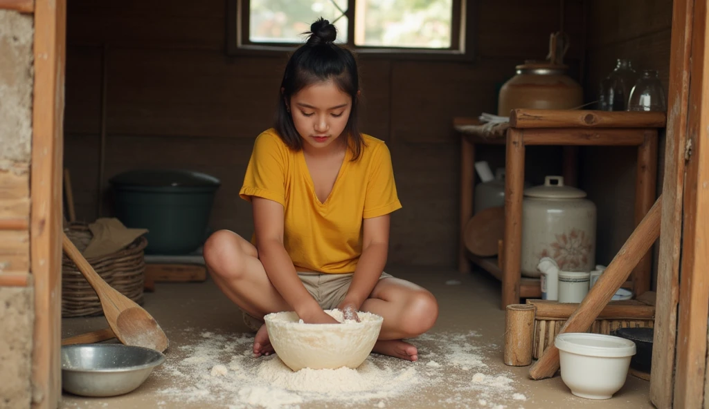 ((ultra-realistic photo)) [A beautiful 19-year-old Indonesian girl with a natural, clean complexion is wearing a simple yellow t-shirt and a plain skirt. She sits on a low wooden stool at the entrance of her home kitchen, focused intently on mixing cake batter in a large bowl with her hands. Around her, various baking ingredients are scattered, including flour, eggs, and sugar in simple containers. The setting is a modest rural kitchen, featuring wooden utensils, bamboo-woven walls, and a dirt floor. The wooden shelves hold traditional cookware, and a small clay stove can be seen in the background. The scene captures the authentic simplicity and warmth of rural Indonesian life, with soft natural light streaming through the open doorway, highlighting the textures of the batter and the earthy tones of the surroundings. Rendered in ((8K HDR)) with vibrant colors and lifelike details.]