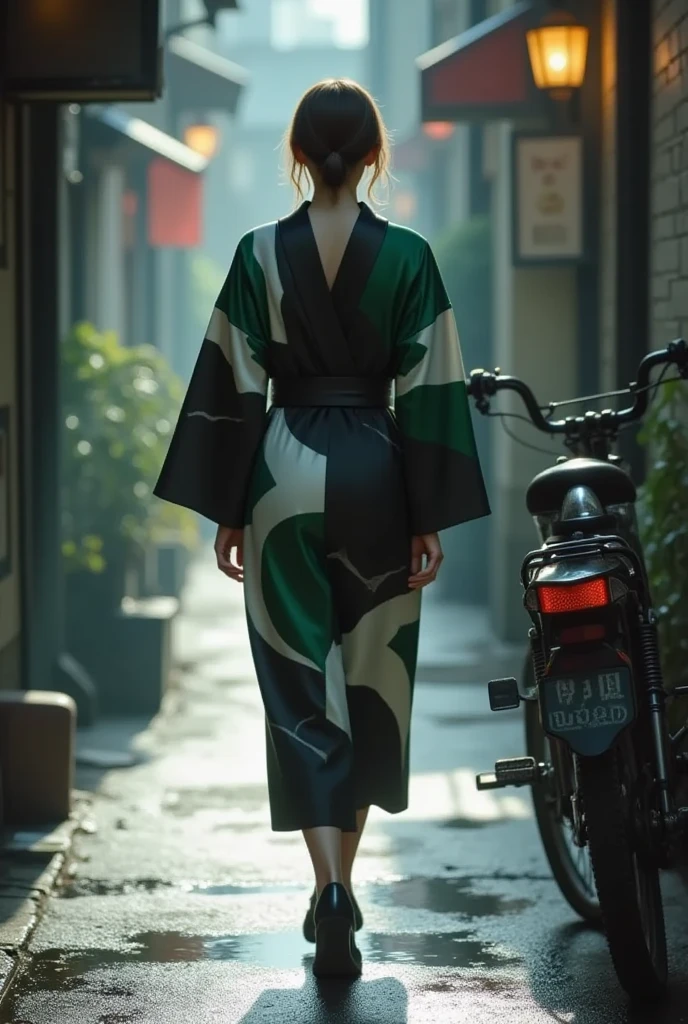 masterpiece, ultra detail,  nostalgic girl, (F cup tits), ((dynamic angle:1.8))((muscular and thick legs:1.8)). A cinematic scene of a stylish young woman walking gracefully down a narrow, atmospheric alley in Japan. She wears a modern black kimono with bold, abstract white and green patterns, its flowing fabric capturing a sense of movement. Her hair is neatly tied in a low bun, complementing her poised demeanor. The alley is dimly lit with soft natural light filtering through, casting long shadows on the damp ground. Bicycles and urban details line the sides, adding an authentic, contemporary touch to the traditional setting. The overall mood is serene and reflective, blending modern fashion with a nostalgic urban backdrop.