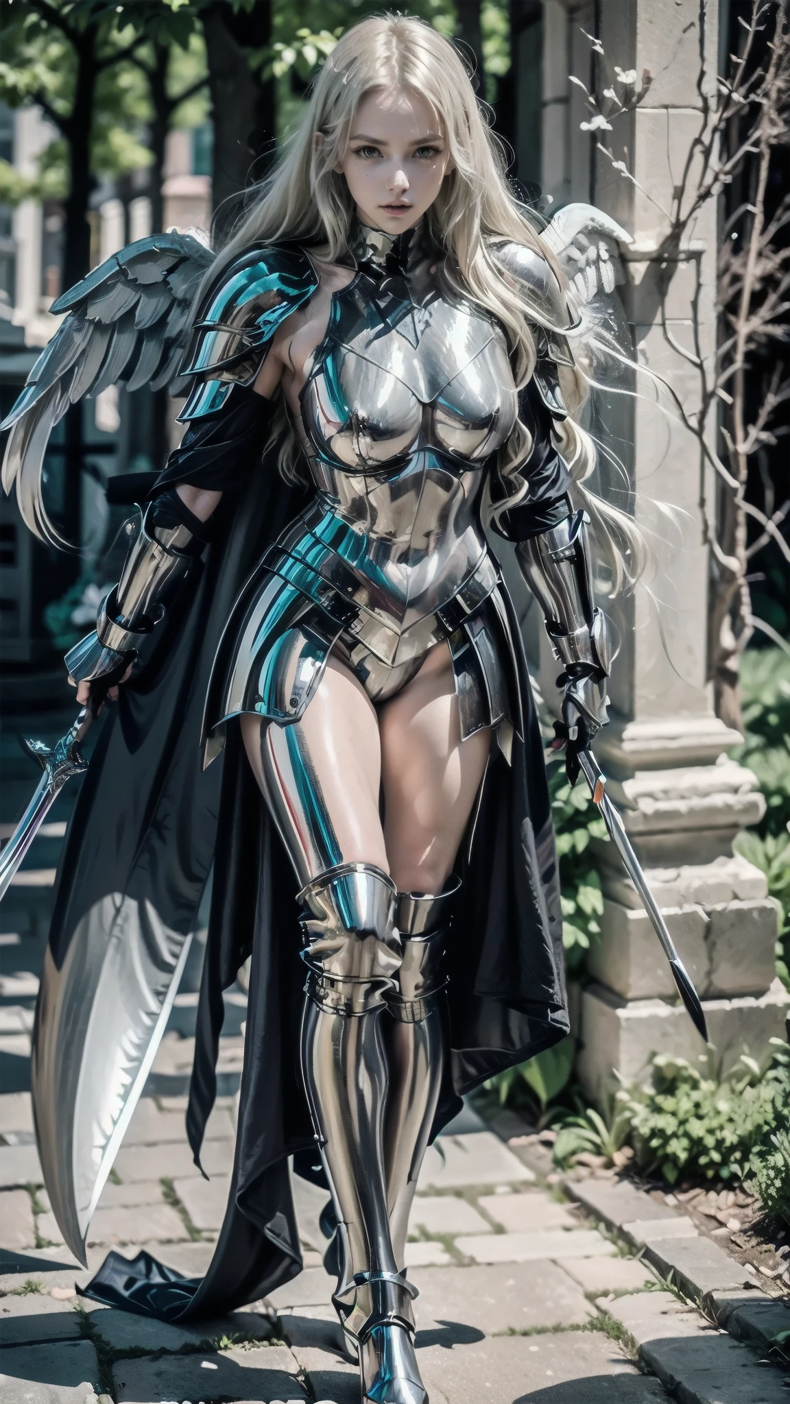  There is a woman in a silver costume standing on a bed,   Women's rider bikini armor  , skintight  silver armor, with sleek  silver armor,   dressed in ethereal battle armor  , covered in full  silver armor,  in knight armor , Dressed in Light Armor , angel in plastic armor, Beautiful armor, pale black armor,  silver armor, sleek  silver armor, wearing witch blade armor, Anime Claymore, light gray eyes body armor , Persephone,  forest bottom  