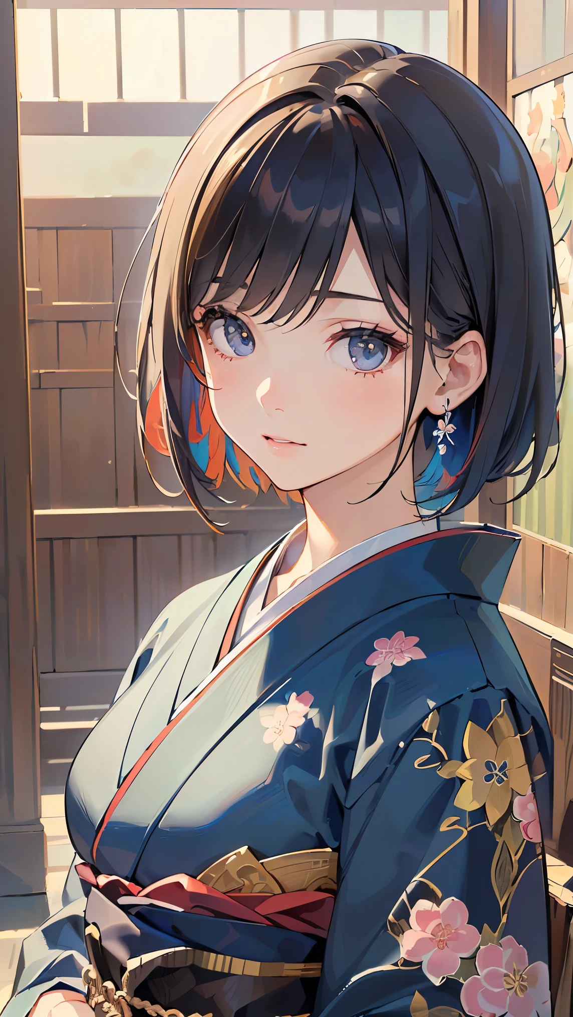 (((Best quality, 8k, Masterpiece: 1.3)), ((best quality)), ((masterpiece)), (detailed), perfect face, perfect body, (detailed skin:1.3), (intricate details), Short hair, Kimono, traditional Japanese clothing, Japanese clothing, colorful hair color