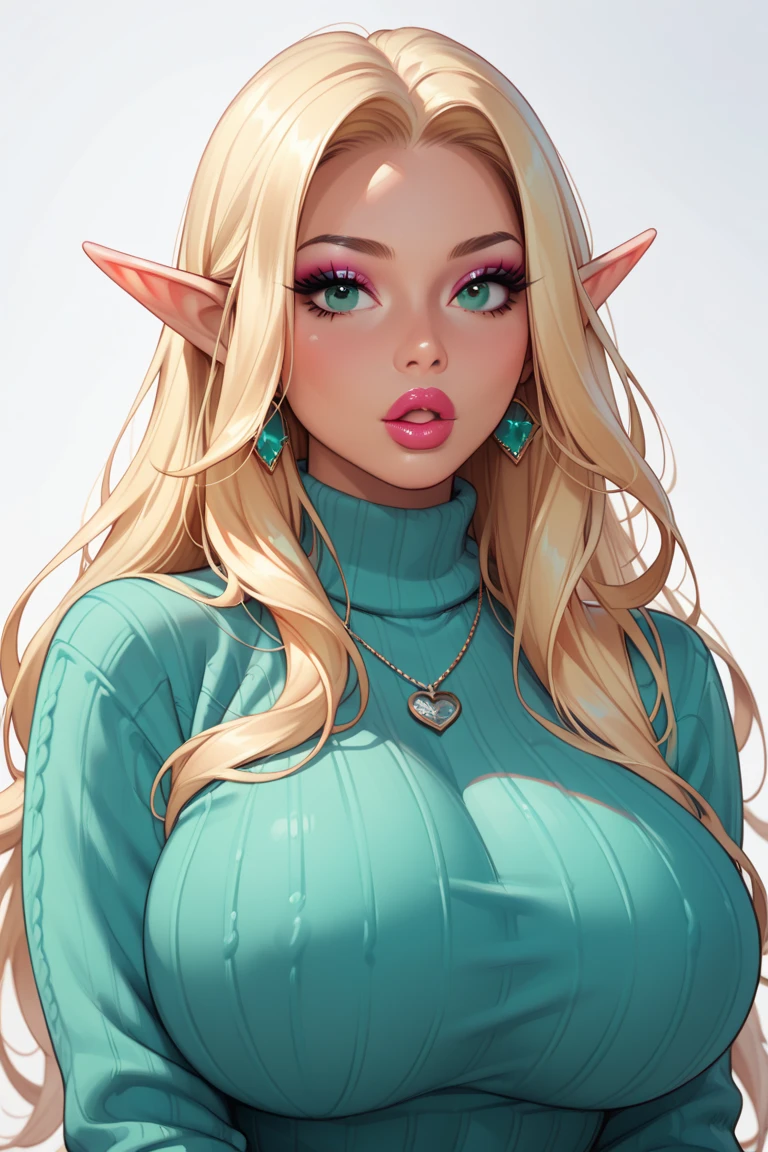 
 score_9,  score_8_up,  score_7_up,  1 girl,Alone, upper body, watch viewers, White background,  long blonde hair with lots of volume, Elf, makeup ,  open lips, lipstick,  eyeliner ,  bimbo, Gal girl ,  huge breasts,  sweater ,  mint green eyes