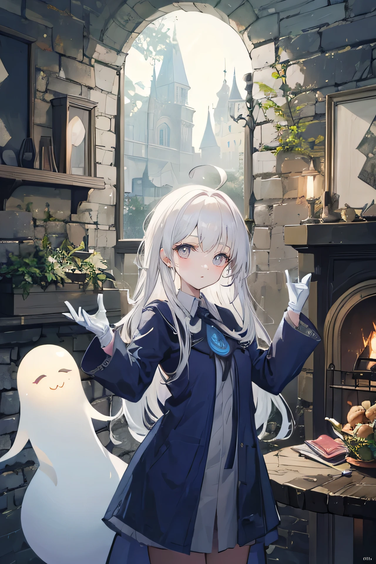 (masterpiece, best quality, very aesthetic, absurdres), Dramatic Lighting,pose, 1girl, white hair,white skin, white pupils, ((grey eyes)), tareme, long hair, ahoge,bandaid on nose, small breasts ,nude,black cape,gloves,nsfw,fantasy,glowing eyes,[[pussy]],[[nipples]],blush,cowboy shot,((cute ghost)), pubic tattoo ,magic ,BREAK,,fantasy,scenery ,overgrown,moss,oddity ,curio ,indoors,moon light rays,cauldron,glowing,dark blue theme,wirob, indoors window, wooden table, magical light, stone fireplace,night,