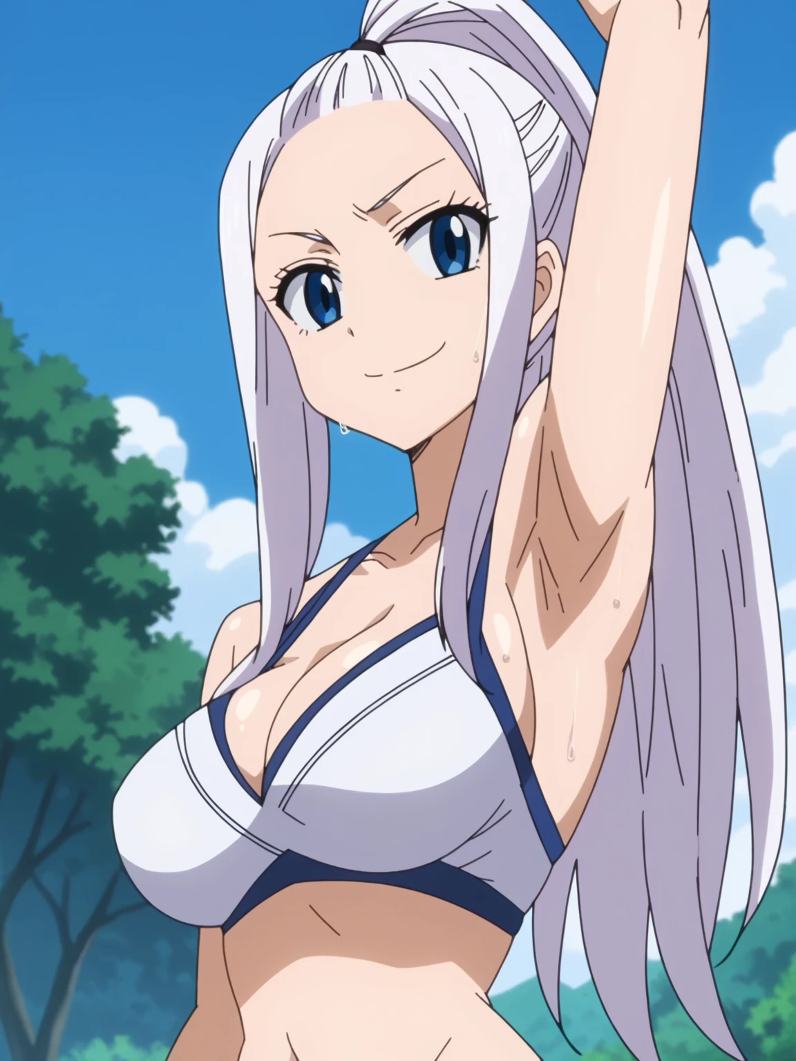 score_9, score_8_up, score_7_up, source_anime, anime screencap, 1girl, solo, mirahane strauss, long hair, white hair, blue eyes, large breasts, navel, cleavage, bare shoulders, ponytail, japanese clothes, high ponytail, sarashi, arm up, raised arm, armpit, armpit focus, from side, from below, (sweaty:0.9), (looking at viewer:1.1), head towards viewer, smile, smug, closed mouth, outdoors, river, badhandv4