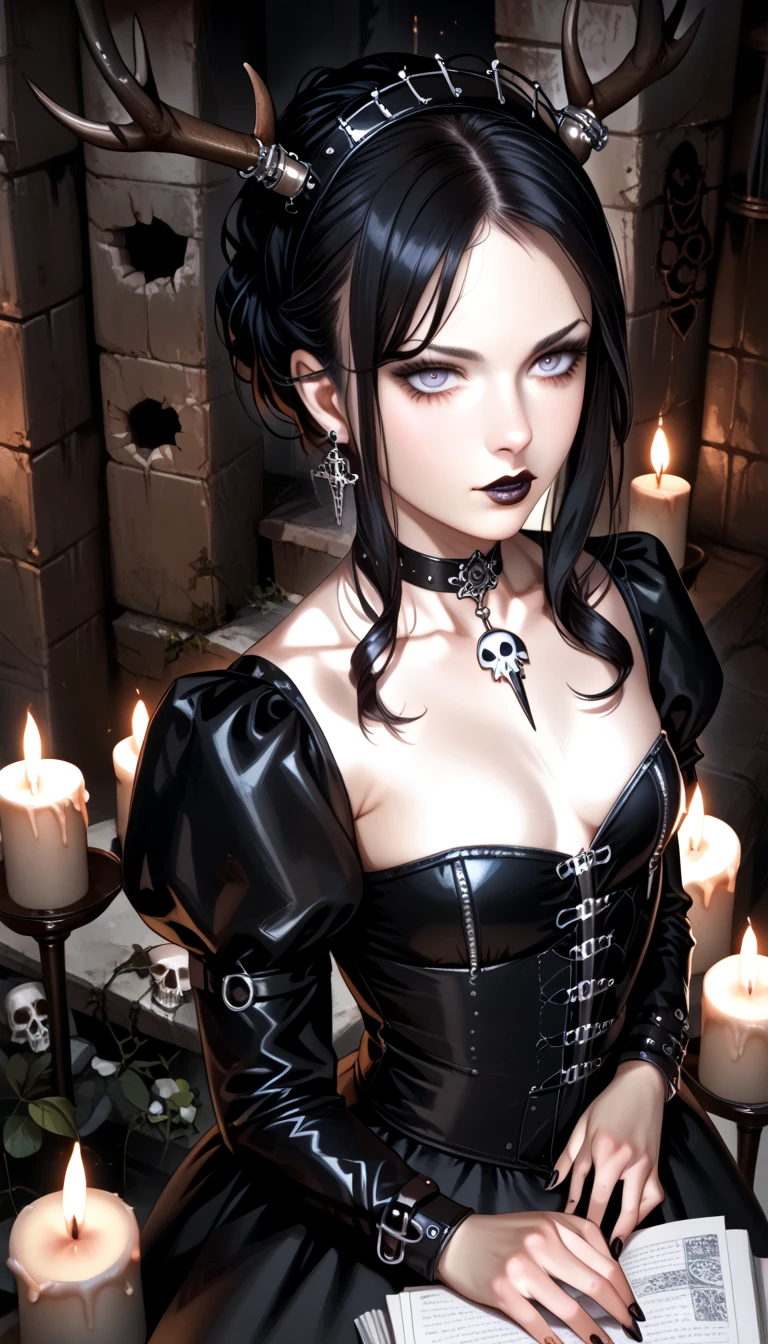  score_9,  score_8_above,  score_7_above,  score_6_above,  score_5_above,  score_4_above, goth girl , Victorian BDSM clothing ,  choker , antlers,  Black hair with bangs, Ojos rojos, pale skin,  small breasts , Naturaleza, (exceptional composition ), (Dark tones), skulls around , candles, (ruins background ), penumbra