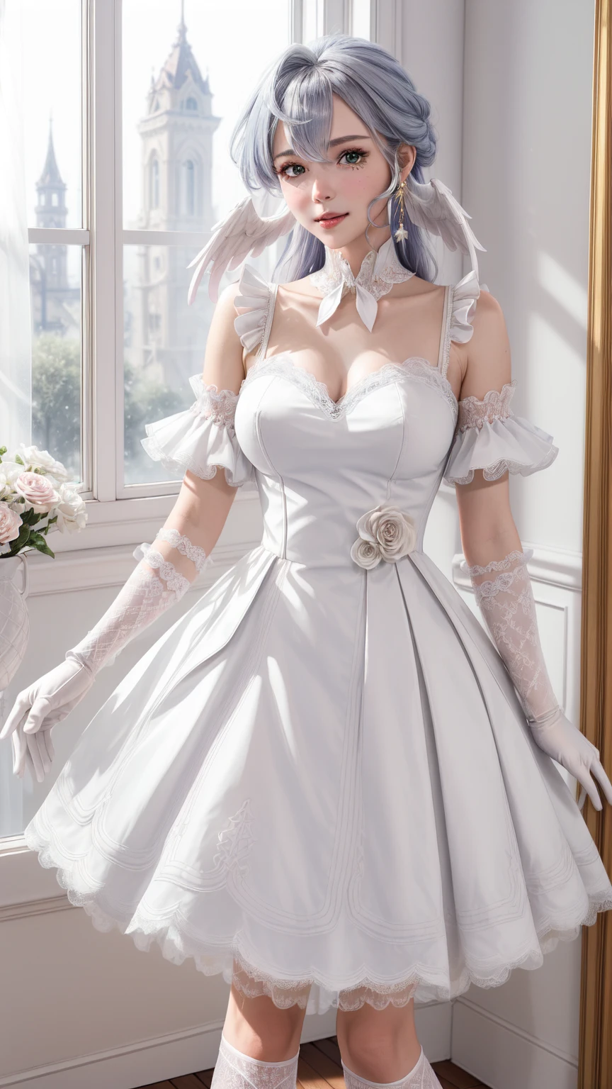 "A girl ghost with pale, paper-white skin, wild and disheveled bright white hair, and mesmerizing white eyes adorned with spirals, wearing tattered clothing and clutching onto an aged plush toy."