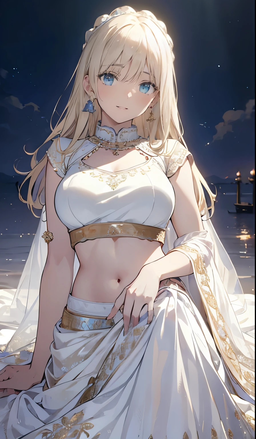 ((smile,smile,Big Breasts,Blonde)),(  top quality,4K,  High Definition :1.2),   Melody Mark, absurd ,  ultra-detailed,  bright color , (white lehenga:1.5) , asymmetrical bang ,  Blonde,  shiny hair, Delicate beautiful face, blush、( deep blue eyes:1.3),  white skin,  hair clip,  earrings for a woman alone,   Necklaces  , Beautiful Clouds, Clear sky,Seaside, sexy pose , moon,Sexy Costumes