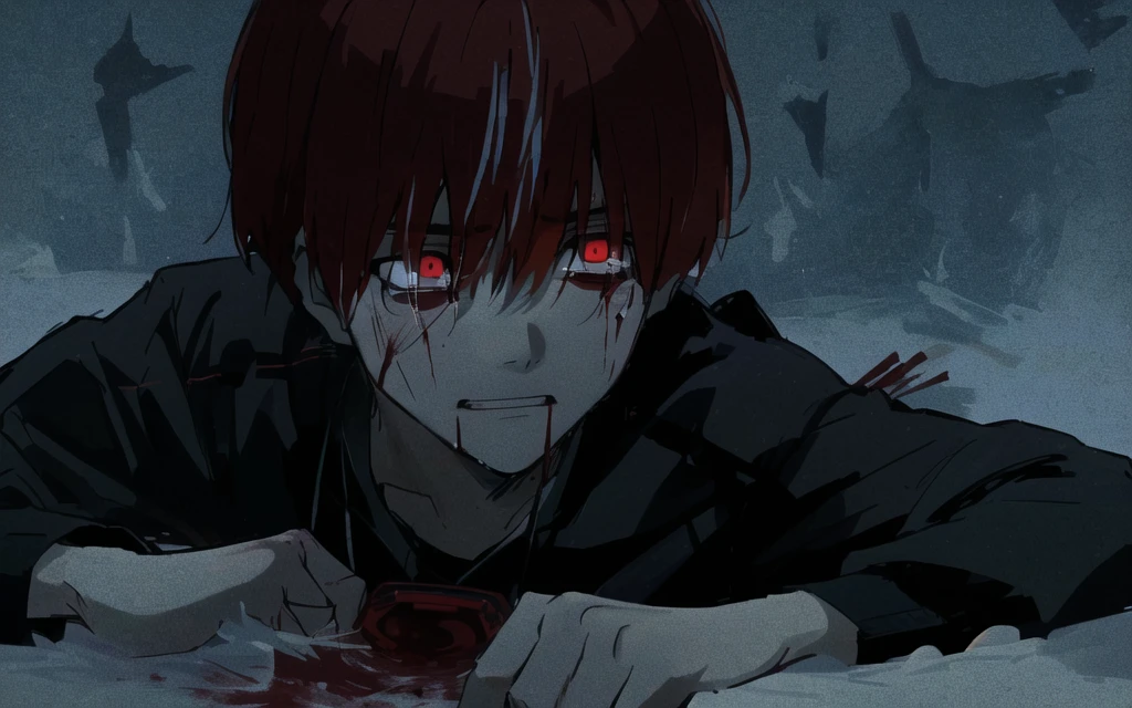 anime image of a man with red hair and a bloody face, his eyes are bleeding intense, inspired by Ike no Taiga, kaneki ken, gapmoe yandere grimdark, ken kaneki, his eyes are red and glowing, gapmoe yandere, giga chad crying, sad!, bloody scene, with red glowing eyes, junji ito 4 k