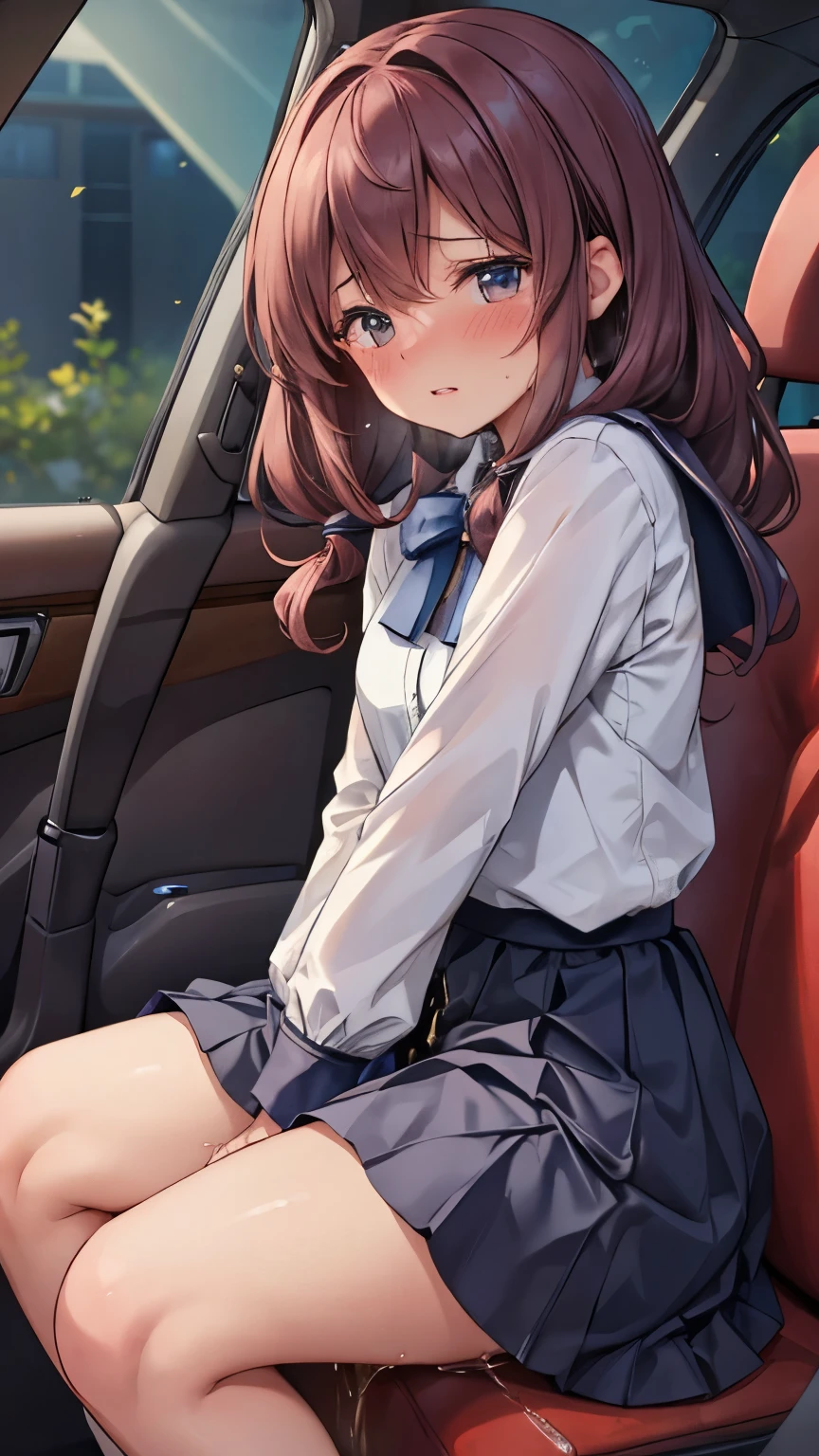 (8K, ultra-detailed, best quality, anatomically perfect body:2), (beautiful breast:1.2), shiny skin, (1 girl), (have to pee), (desperate urge to pee), (very desperate to pee), (her bladder is at its limit:1.5), (in the car, sitting very shallowly:1.6), wetting self, (ruffled long skirt:1.6), (pantyhose:1.3), ankle boots, panty pull, (Untidy hair:1.4), (she curl up on the seat, she knead her bladder in agony very hard:1.8), (orgasm:1.5), (full face blush:1.7), (embarrassment:1.6), (impatience:1.7), (flustered:1.5), (flowing sweat:0.7), (squirm, jiggled her legs and shifted in her seat:1.5), (panting), breathless, (Humiliation), (Erotic feelings), (closed eyes:0.95), (She is very arousal to hold pee), (tear), (head tilt:1.1), (parted lips:1.2), (SIGMA 105 mm F/2.8, 1/100 sec shutter, award-winning), from side, nsfw,