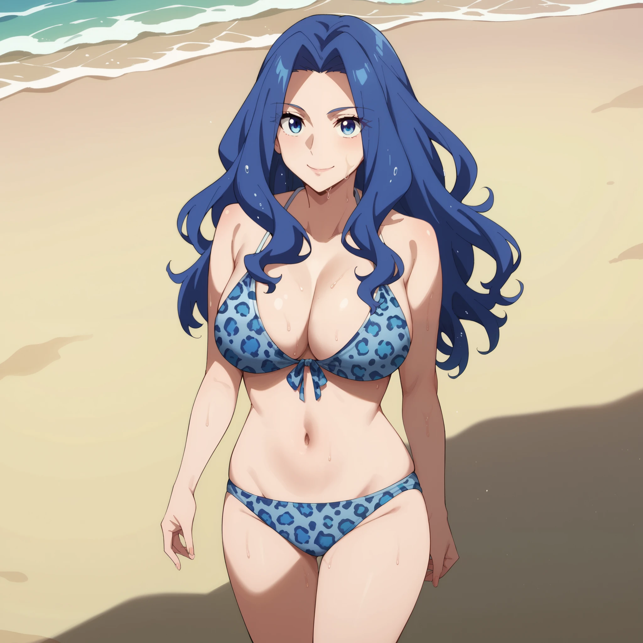 Melty Q Melromarc 20 year old loose wavy blue hair. loose hair.  blue eyes , smile.  big breasts, , blue leopard print bikini.  is walking on a  beach. A Single Woman  Woman . loose hair . wet body .