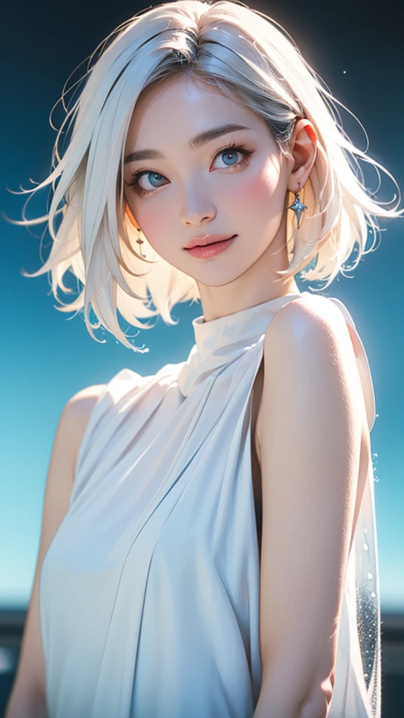 (masterpiece, best quality:1.2), 8k, 85mm, raw photo, absurdres, white and cyan theme, (liquid clothes, liquid dress:1.4), white hair, gradient dress, delicate girl, upper body, close up face, shiny skin, teen, looking at viewer, HDR, sharp focus, particle, twilight sky, detailed eyes and face, white hair, simple background