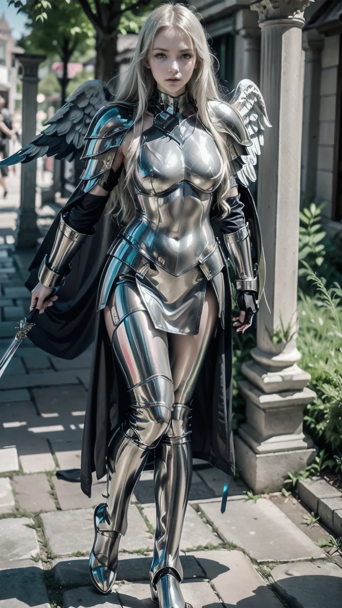  There is a woman in a silver costume standing on a bed,   Women's rider bikini armor  , skintight  silver armor, with sleek  silver armor,   dressed in ethereal battle armor  , covered in full  silver armor,  in knight armor , Dressed in Light Armor , angel in plastic armor, Beautiful armor, pale black armor,  silver armor, sleek  silver armor, wearing witch blade armor, Anime Claymore, light gray eyes body armor , Persephone,  forest bottom  