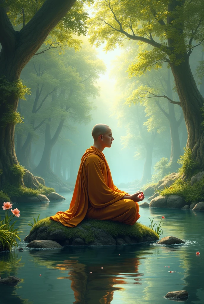 Anime image Imagine yourself on a mountain, surrounded by forests, On top of the mountain, a buddhist man meditating present animals, In the distance a group is planting trees and cleaning a river.. They placed rainbows, the sun and stars