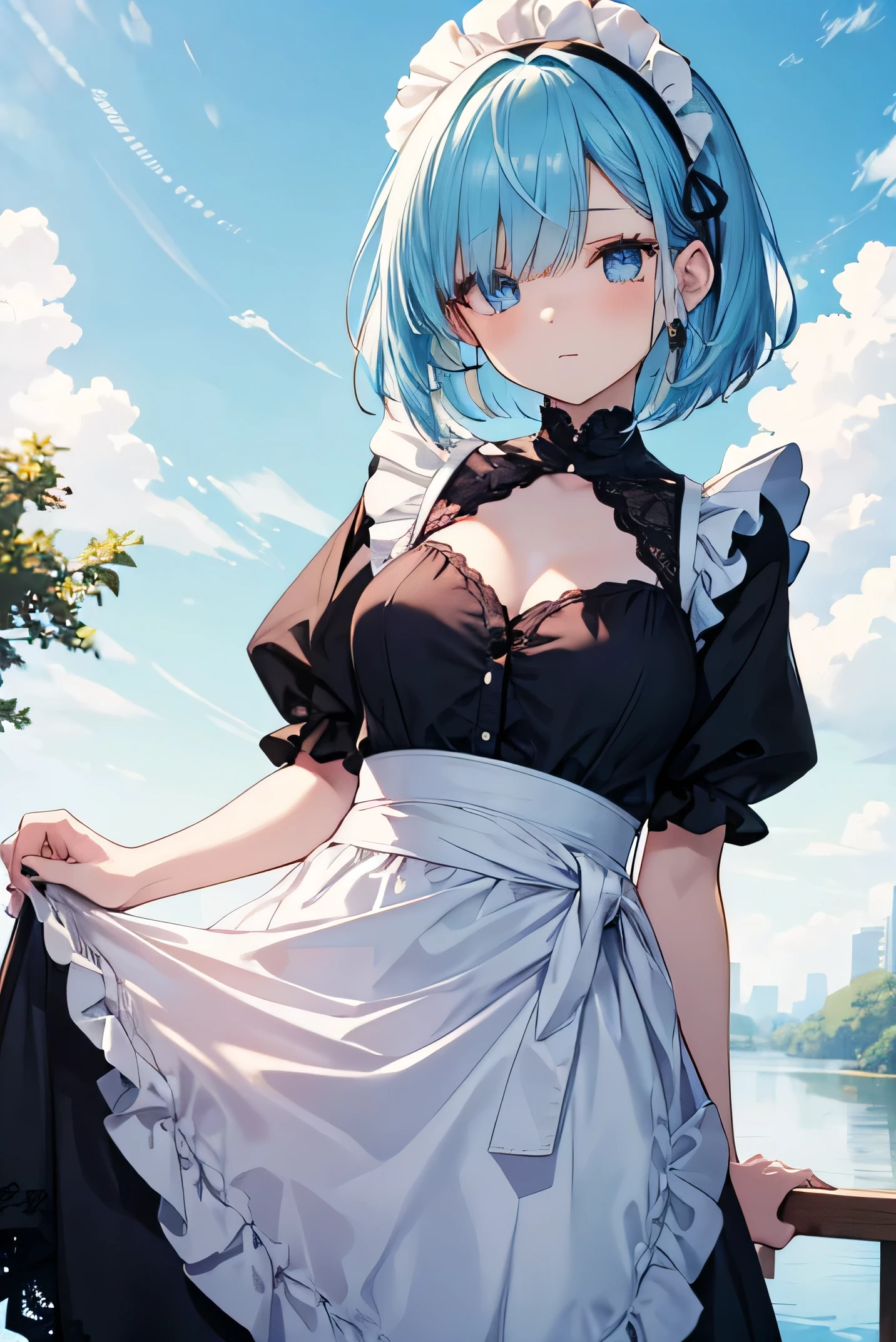 Mulher adulta de tamanho completo, cor do cabelo castanho azul, altura toda, Olhos azuis claros, Wearing underwear, looking back, vista traseira, Hand holding guardrail, careta de rosto em forma de ahageo, Roupa Interior Branca, Bom, cor de pele branca, Coxas, sunset, franja, lace-rimmed Bom, bloqueios laterais, montanha, yellow leaves on the tree