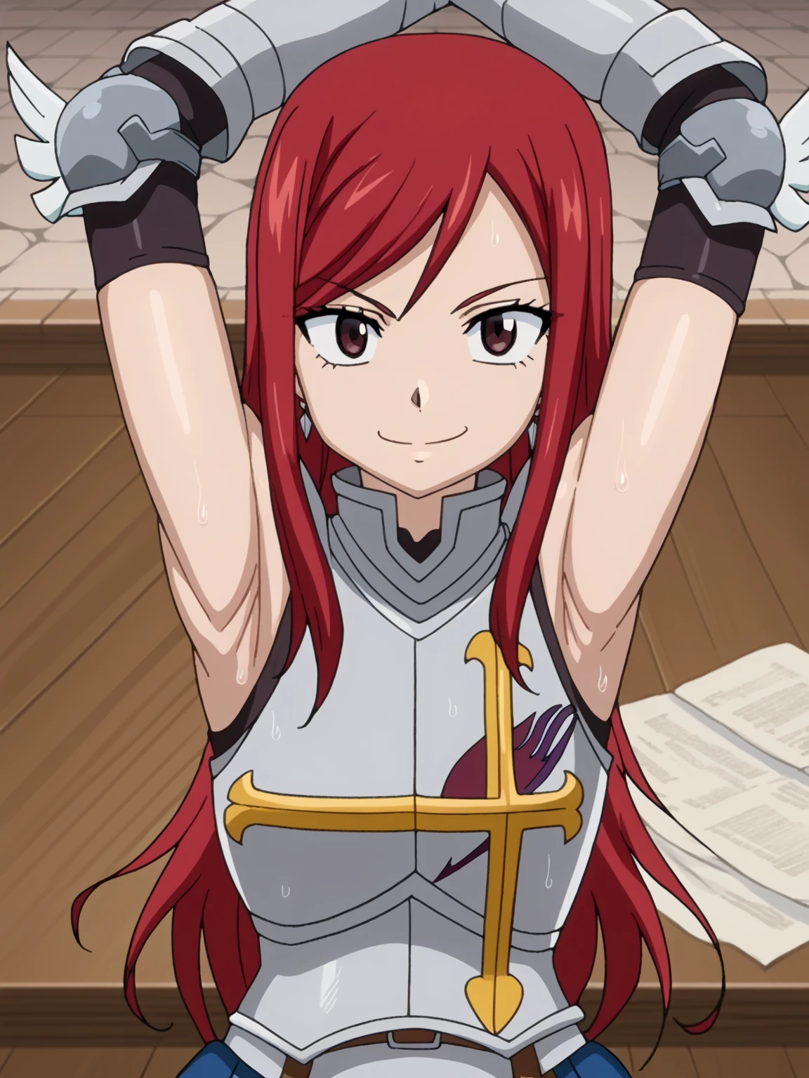 score_9, score_8_up, score_7_up, source_anime, anime screencap, 1girl, solo, Erza_Scarlet_First, brown_eyes, red_hair, long_hair, large_breasts, armor, breastplate, gauntlets, armored_dress, sleeveless, arms up, raised arms, armpits, looking at viewer, smile, closed mouth, indoors, from above, badhandv4, sweaty armpits