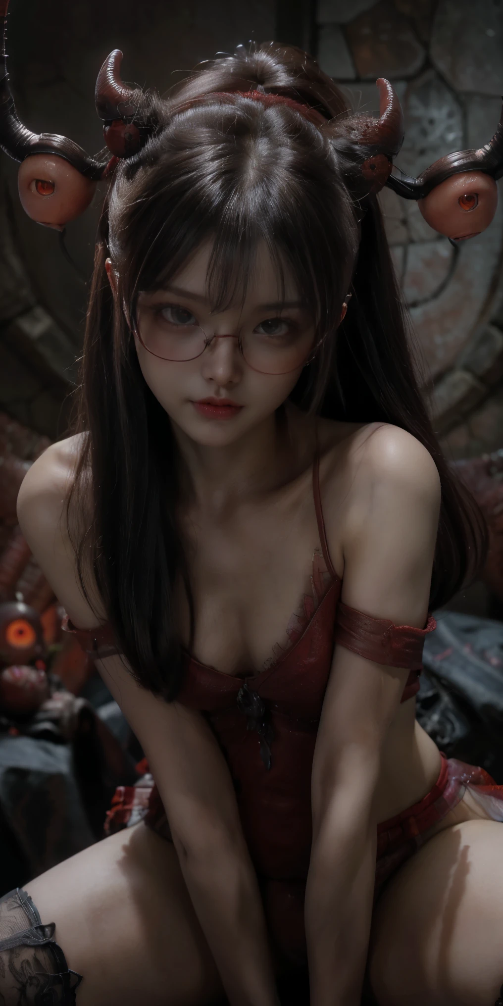 (The best illustrations)、realisitic、ultra-detailliert、The best lighting、Best Shadows、alluring succubus, ethereal beauty, perched on a cloud, (fantasy illustration:1.3), enchanting gaze, captivating pose, delicate wings, otherworldly charm, mystical sky, (Luis Royo:1.2), (Yoshitaka Amano:1.1), Dungeon and Dragon、caves、Dungeon、 A Necromancer、natta、Dark style、Succubus、Devil's Daughter、Bat Wings,(((Demon Hornlack-rimmed round glasses))))、(red eyes glowing:1.6)、beautiful countenance、Tindall Effect、(High Detail Skins:1.2) absurderes、Ponytail distortion、jewely、Beautiful expression、Toned waist、Wide buttocks、Tindall Effectmasuter piece、top-quality、Highest Standards、Top image quality、masutepiece、intricate detailes、High resolution、Depth Field、natural soft light、profetional lighting、Great smile、(High Detail Skin: 1.2)、photorealistic anime girl render、Strong highlights of the eyes、Perfect Anatomy、crotch open、Shy、Spreading your legs、Panties are visible、Skirt flipping、Body shiny with oilerectile nipple))、8K resolution、intricate clothing、Intricate details、Panties visible through the skirt、Panties in full view、Small panties