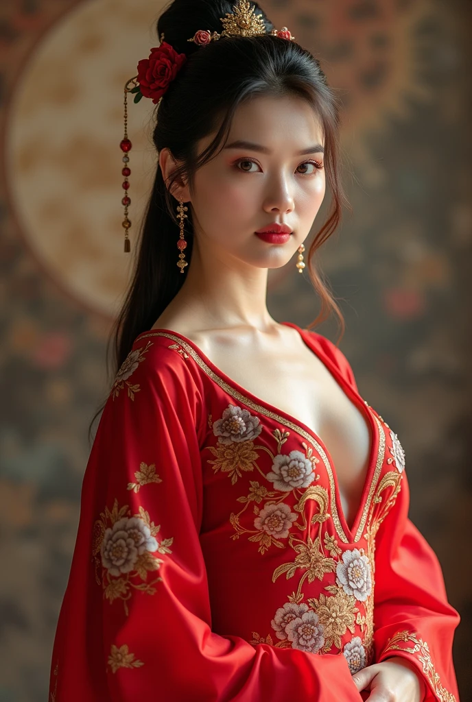 (Ultra-realistic 8K CG:1.2),Perfect artwork,delicate patterns,Complicated details,Heavy makeup,(Unbeatable masterpiece,Best quality at best:1.2),(extremly intricate:1.2),A beautiful cyberpunk woman,Woman in red and gold dress,(Expose legs1:1.2),Phoenix crown,hair stick,(sitting on red bed),cosmetics,Be red in the face,is shy,black_Hair,looking-down,cosmetics,(forehead dot),(2 red candles),Chinese_clothes,curtain,耳Nipple Ring,Hair_decorations,Hanfu,inside in room, jewely,rednails,Long_Sleeves,reddress,Redlip,nipple tassels,(Red quilt),(red palace:1.2),(Chinese Ancient Architecture),(rot:1.8),natta