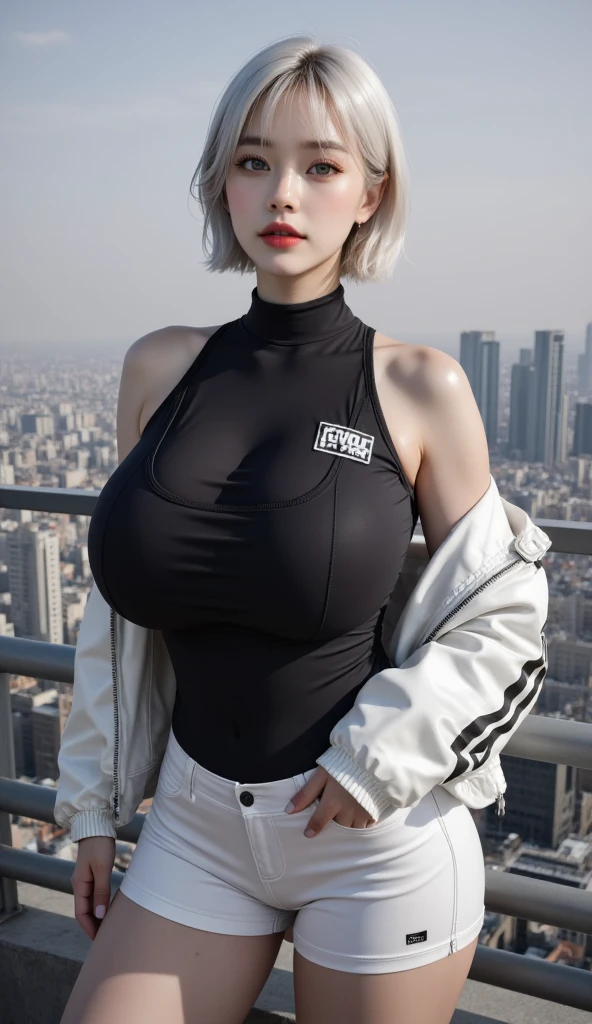 1girl, lucy (cyberpunk), breasts, solo, large breasts, looking at viewer, bare shoulders, leotard, bangs, shorts, jacket, multicolored hair, off shoulder, black leotard, cyberpunk, covered navel, thighs, open clothes, red lips, white shorts, short shorts, short hair, lips, white jacket, red eyeliner, cowboy shot, open jacket, asymmetrical hair, cityscape, standing, sleeveless turtleneck leotard, highleg leotard, city, white hair, parted bangs, turtleneck leotard, long sleeves, grey eyes, highleg, makeup, cyborg, blue eyes