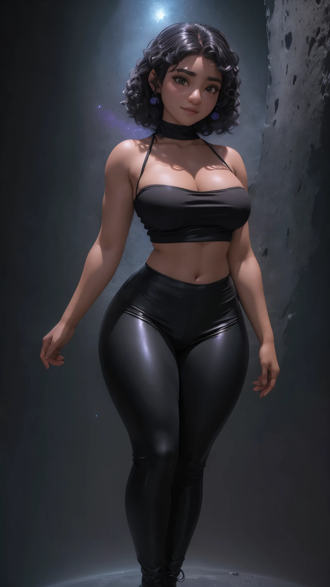 Mirabel madrigal, Busty, Tight black croptop, Encanto, thigh leggings, eyes glow, loli, the background is the void, smug face, holding the earth with two hands, earth is small, she proud of her work as she holds the earth